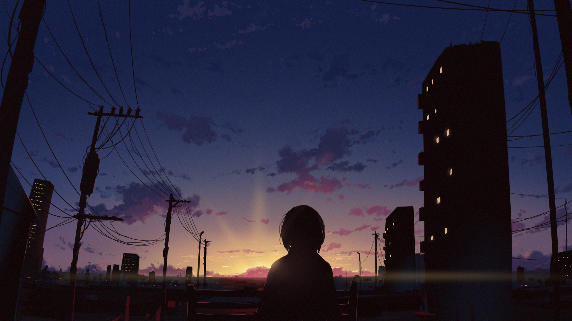Anime girl with headphones watching sunset over city HD Wallpaper