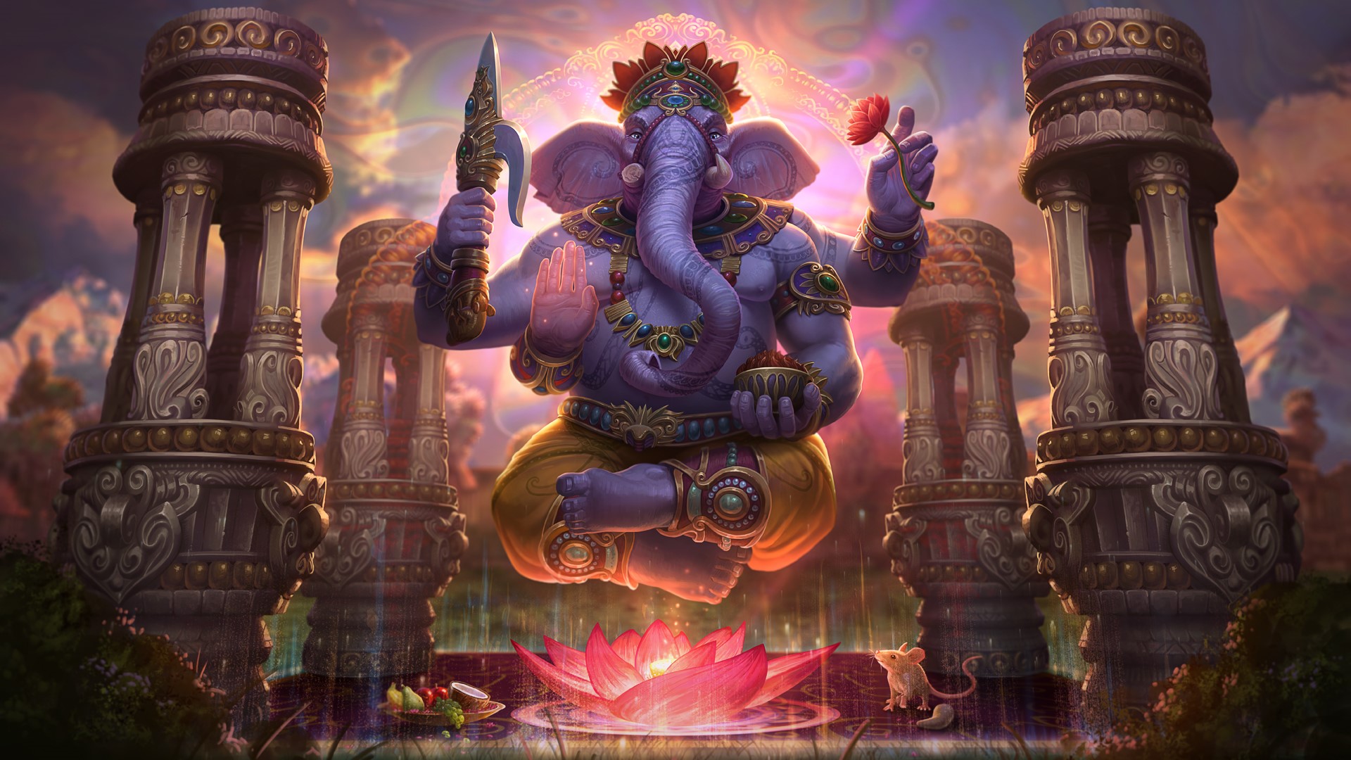 Ganesh, Hindu deity, sitting in meditation with lotus flowers HD Wallpaper