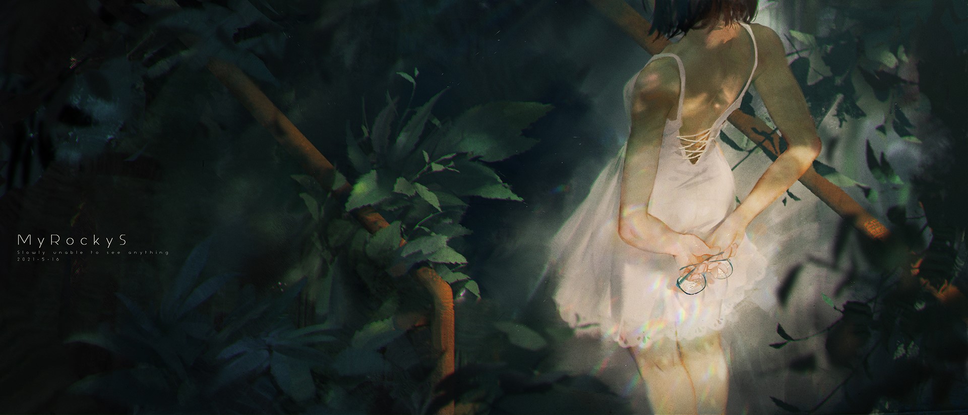 Anime girl in white dress holding glasses HD Wallpaper