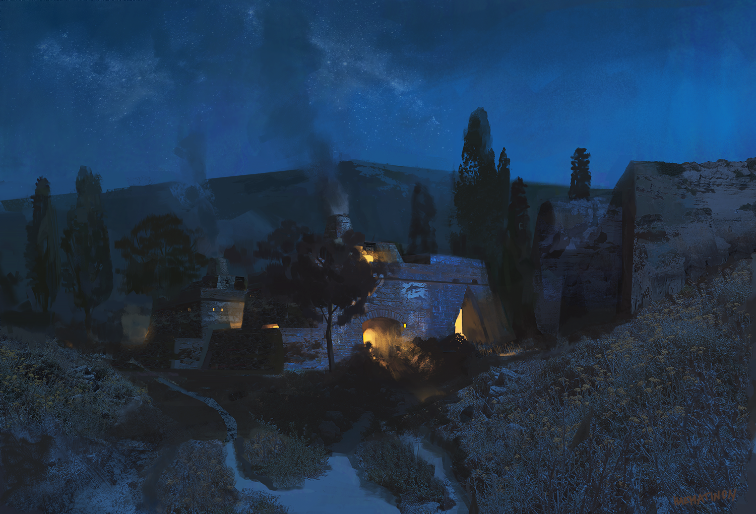 Digital art of a rustic village at night HD Wallpaper