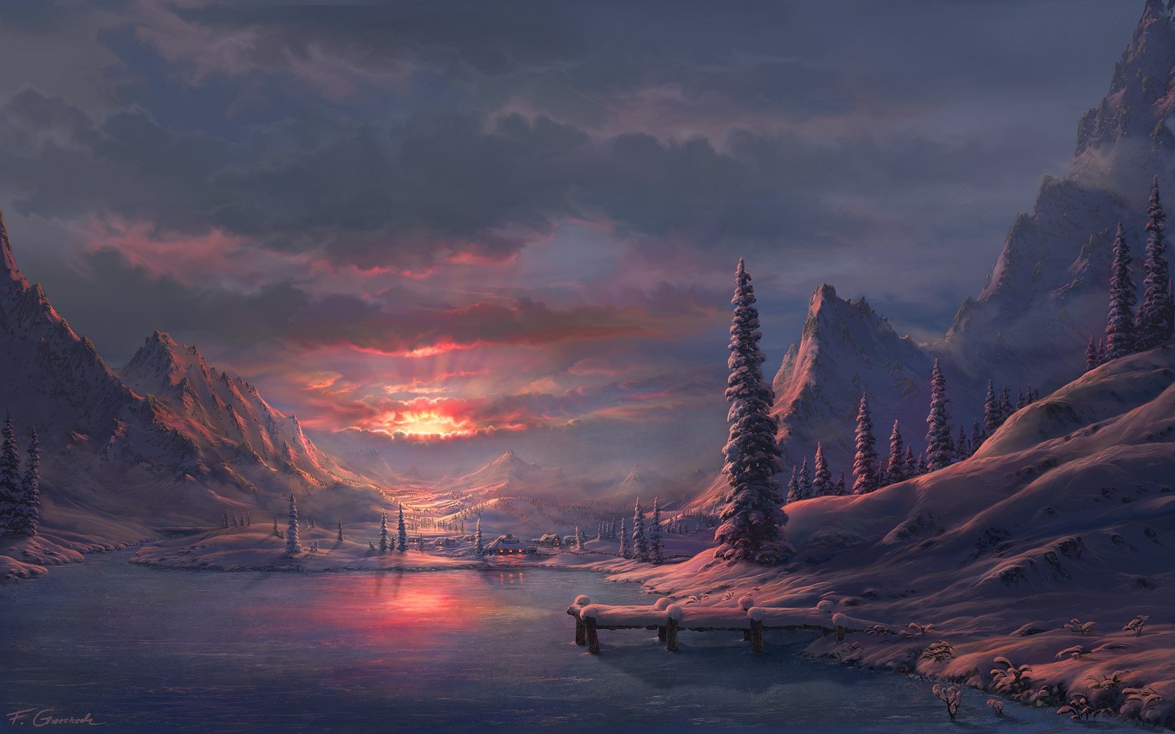 Digital art of a winter landscape with mountains and a lake at sunset HD Wallpaper