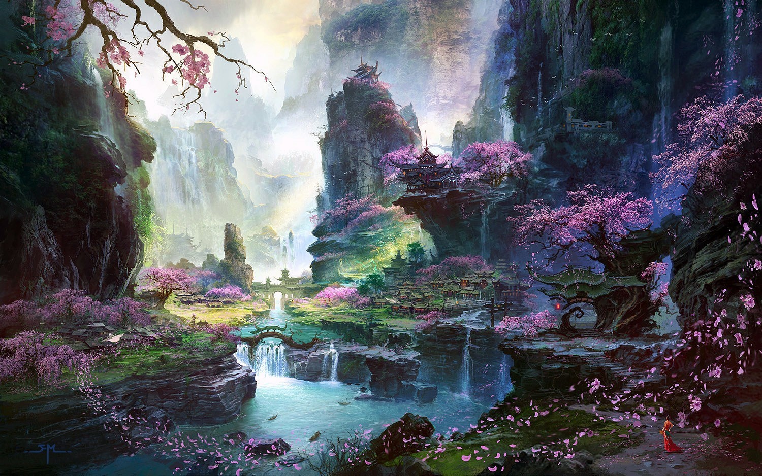 Digital art of a fantasy mountain landscape with cherry blossoms HD Wallpaper