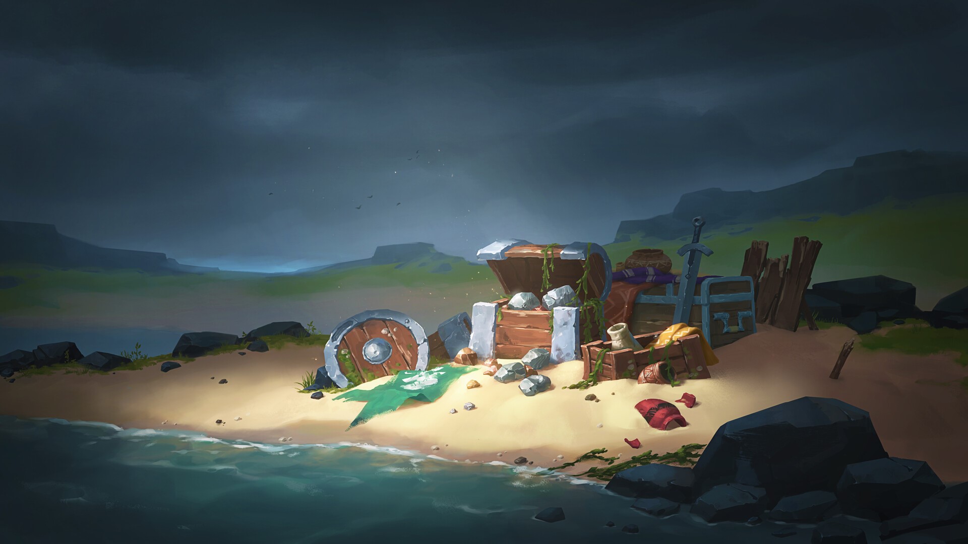 Northgard artwork of a treasure hoard on a beach HD Wallpaper