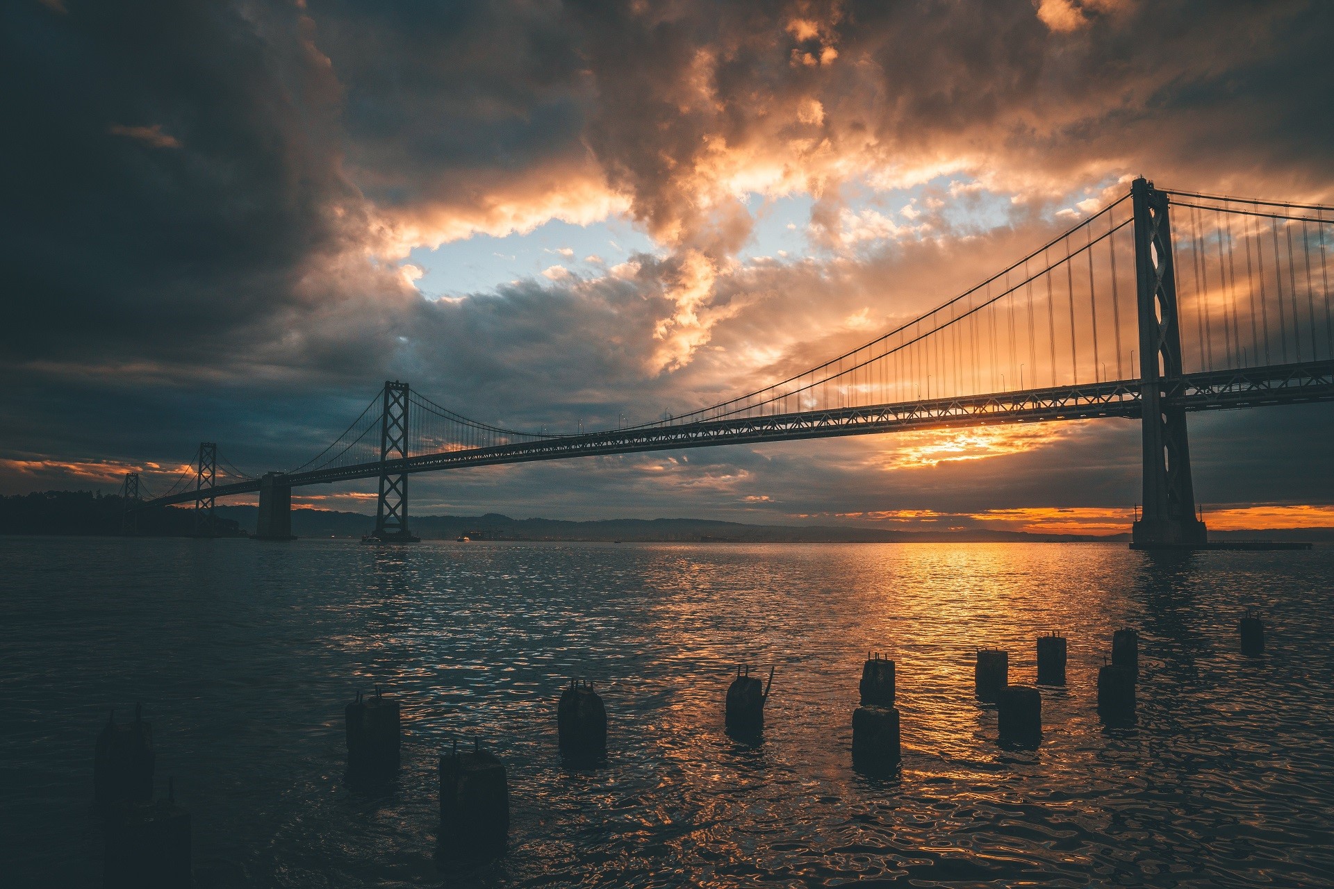 Bay Bridge at Sunset Over Water HD Wallpaper