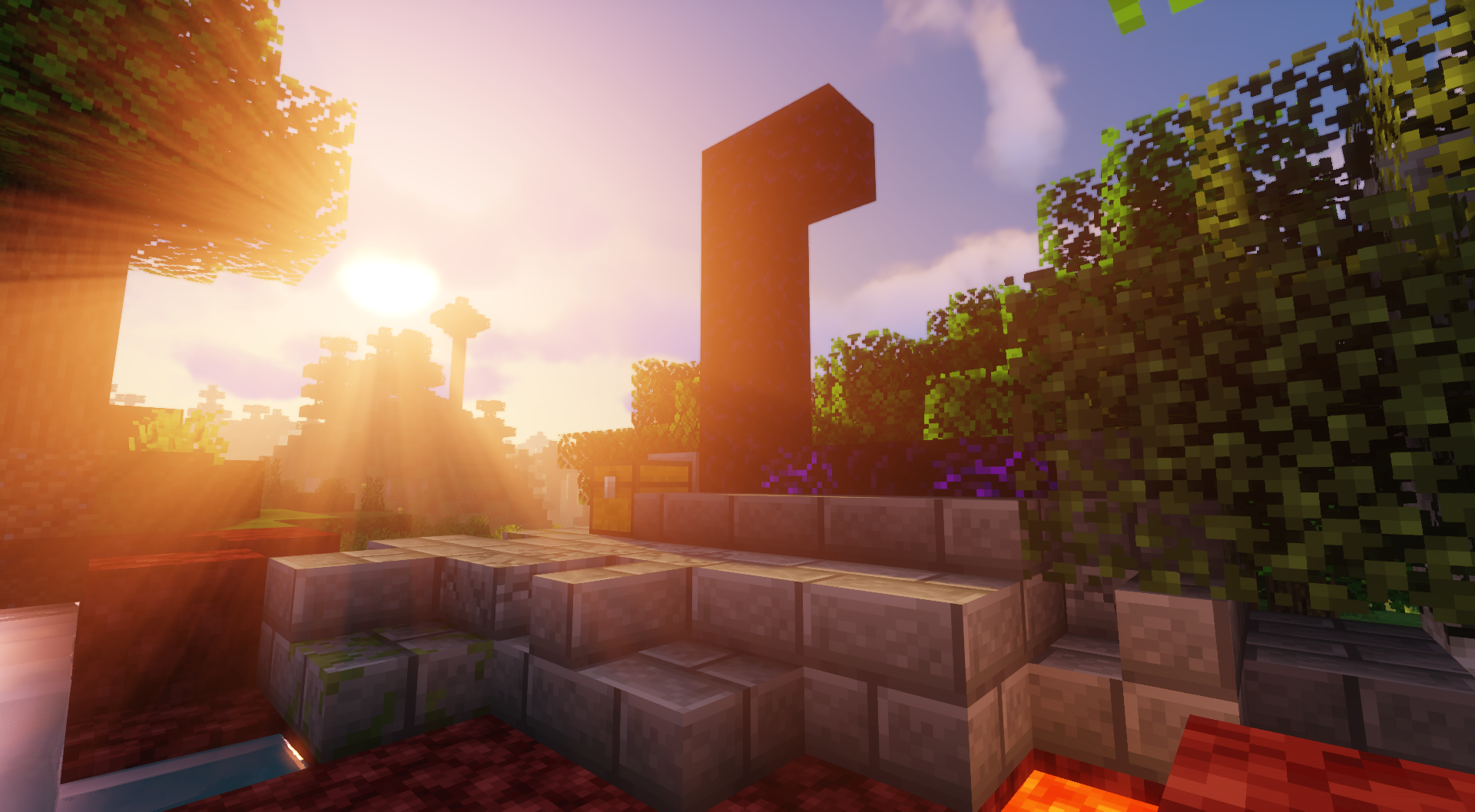 Minecraft landscape with sun rays and stone structures HD Wallpaper