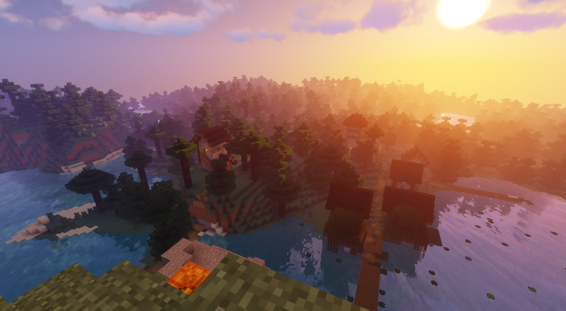 Minecraft landscape with houses and forest at sunset HD Wallpaper