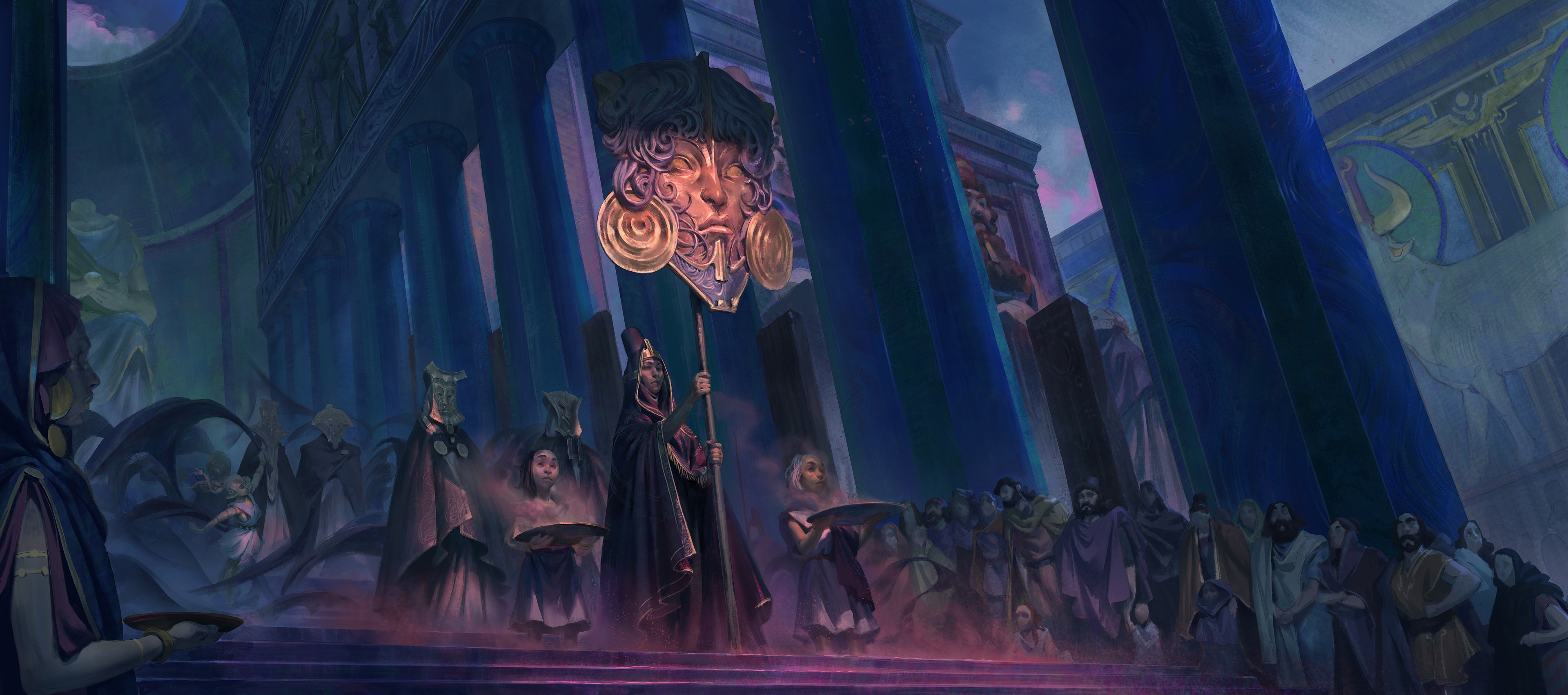 Fantasy art of a procession in a temple HD Wallpaper