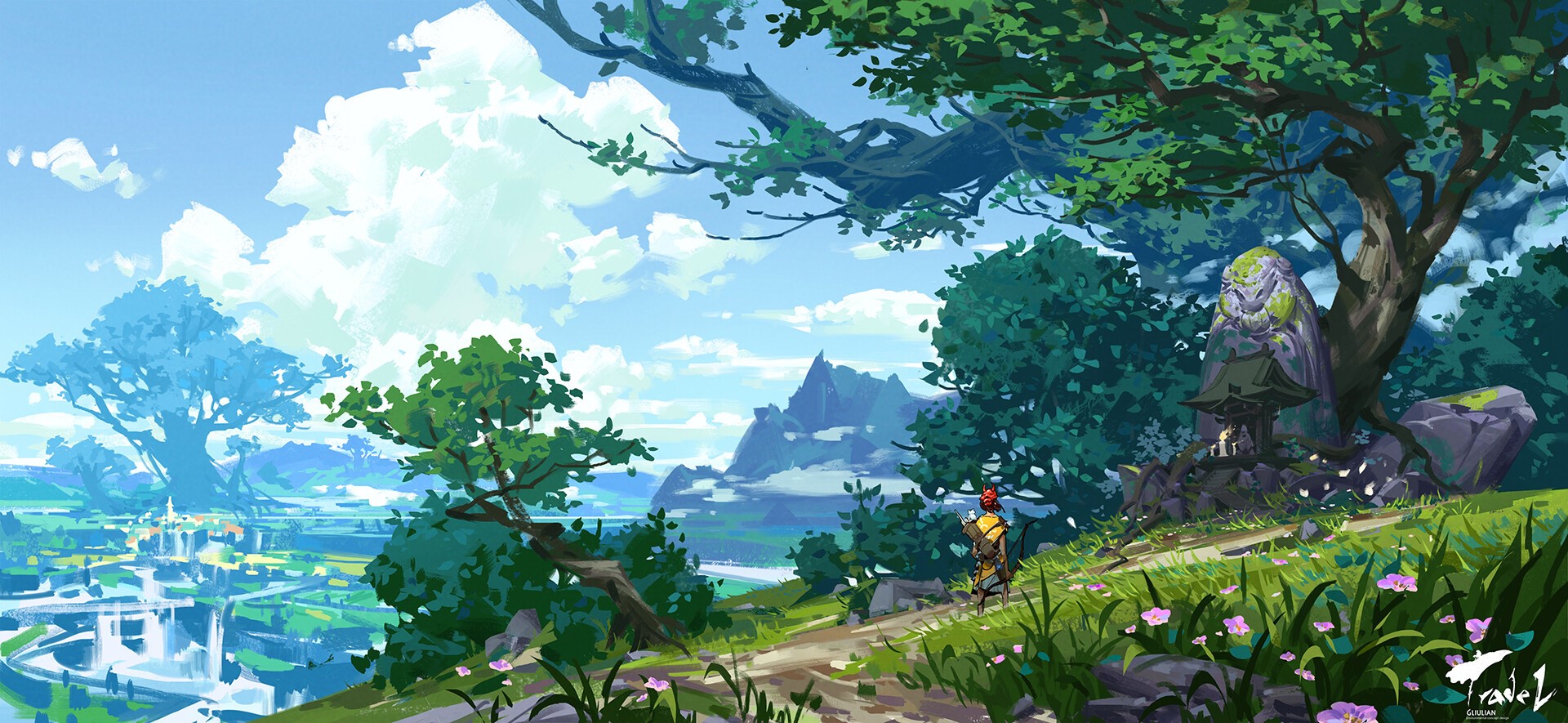 Digital art of a fantasy landscape with mountains and a city HD Wallpaper