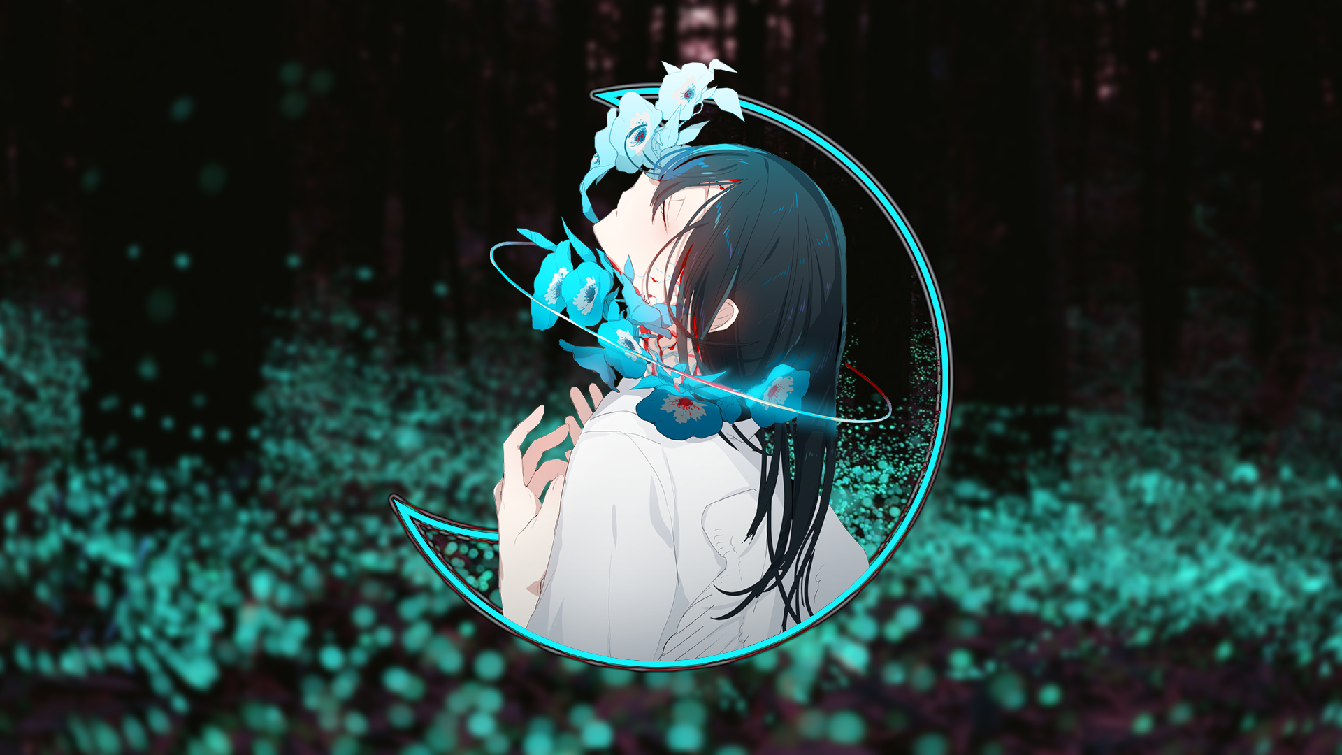 Girl with blue flowers and blood HD Wallpaper