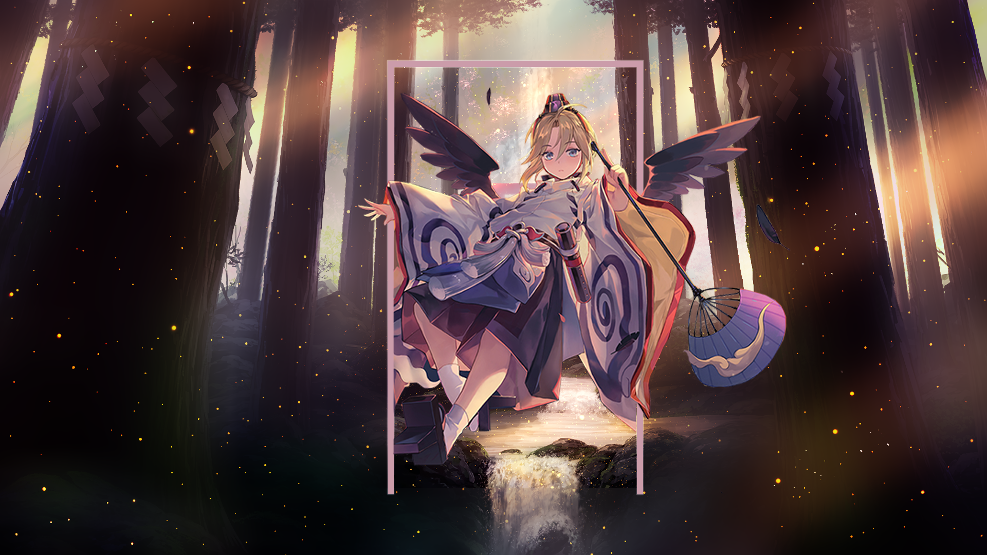Tengu girl in a shrine within a forest HD Wallpaper
