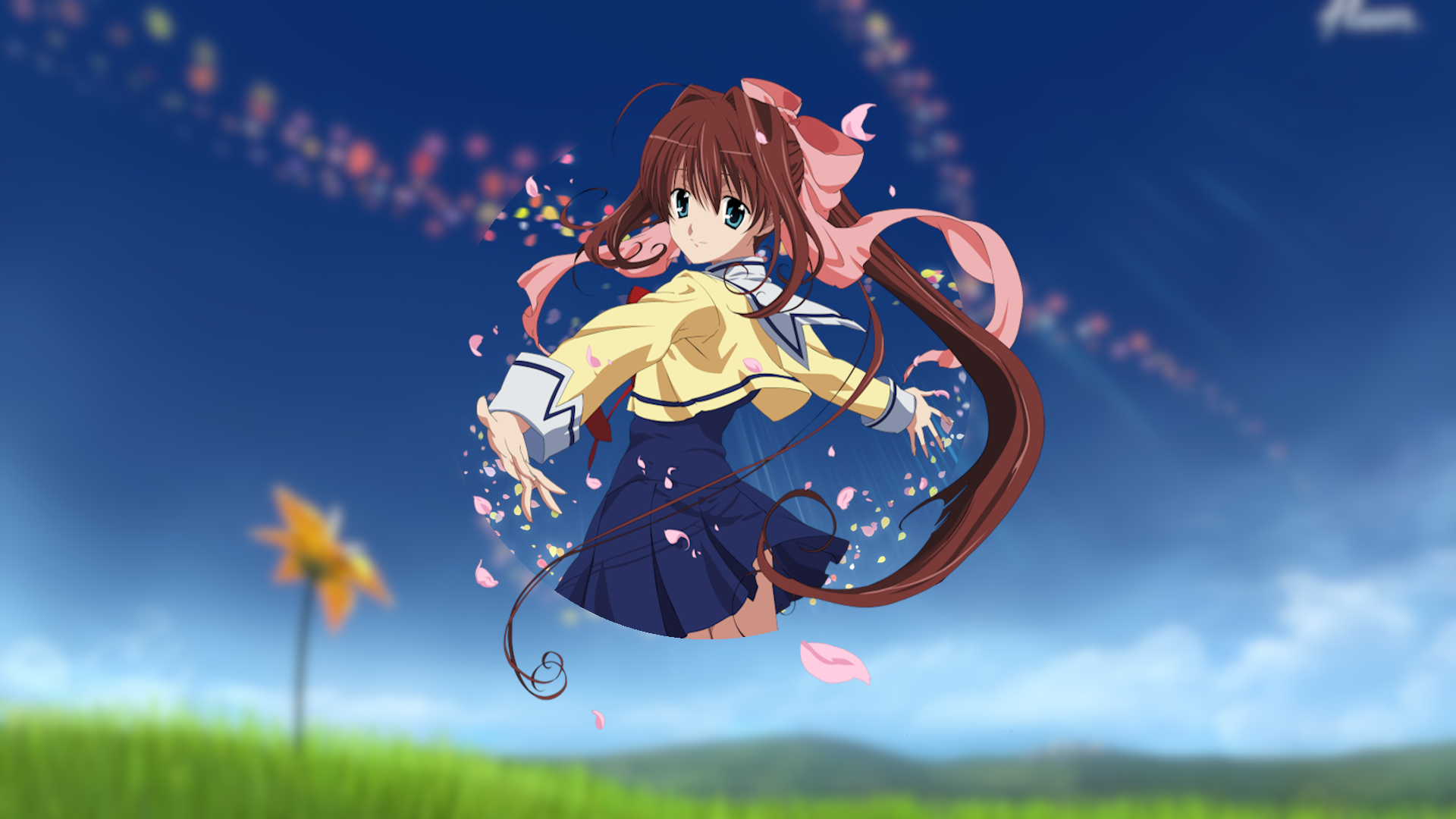 Anime girl with brown hair and pink bow HD Wallpaper