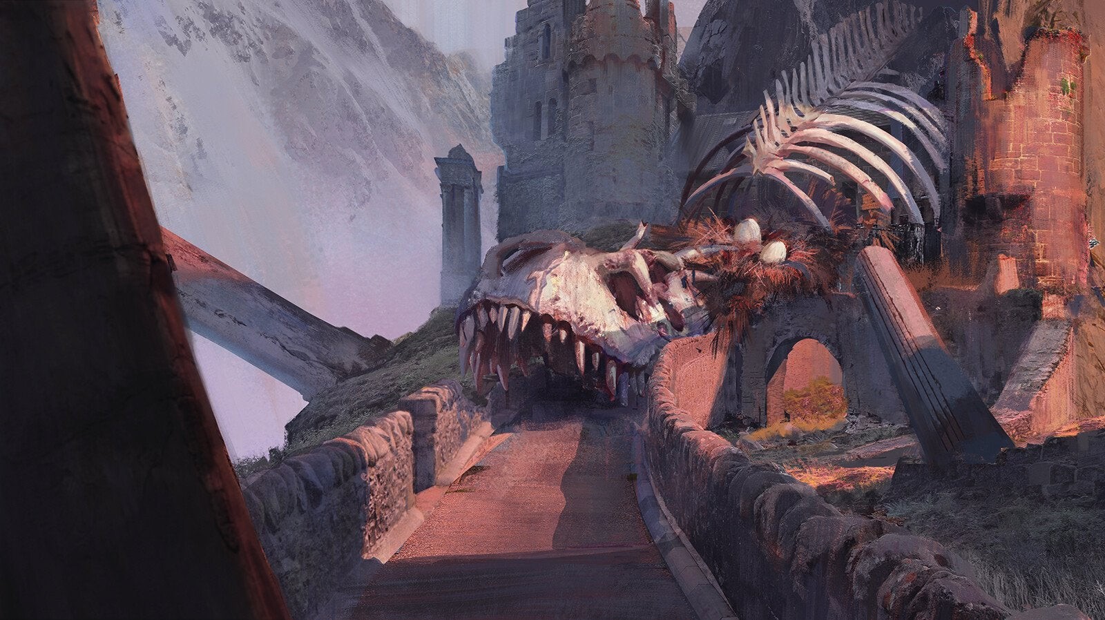 Dragon skeleton and nest on a bridge near a castle HD Wallpaper