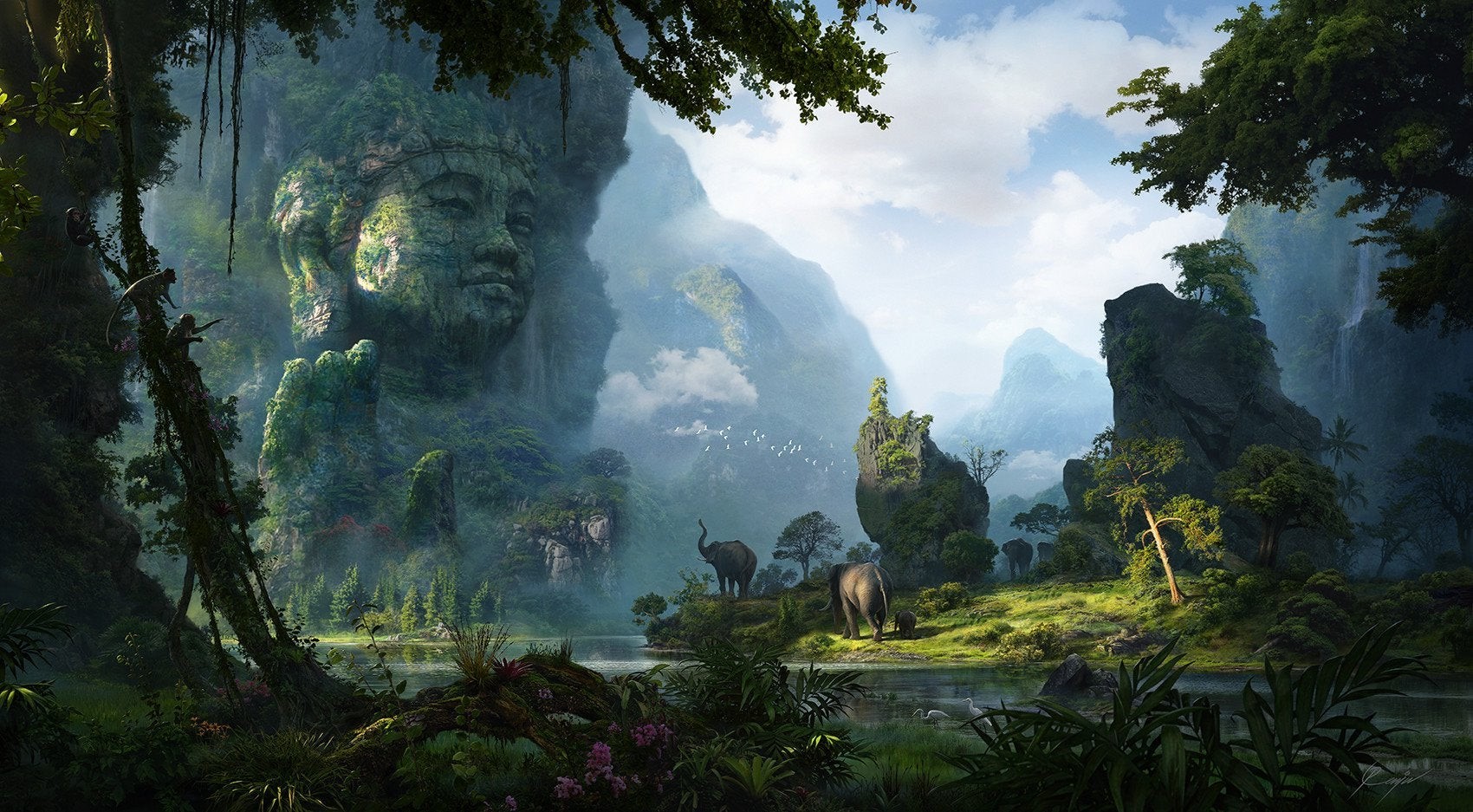 Digital art of a jungle with a giant stone face statue HD Wallpaper
