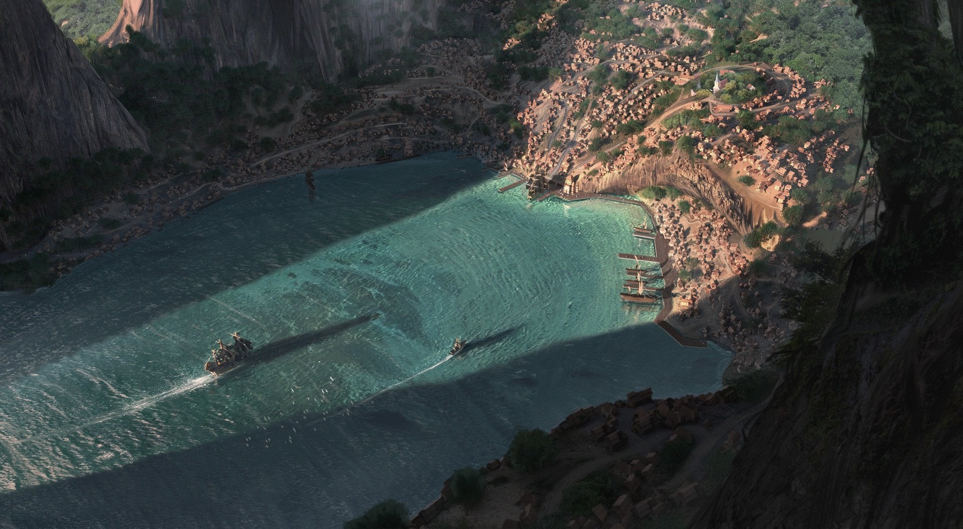 Boats in a bay near a cliffside city HD Wallpaper