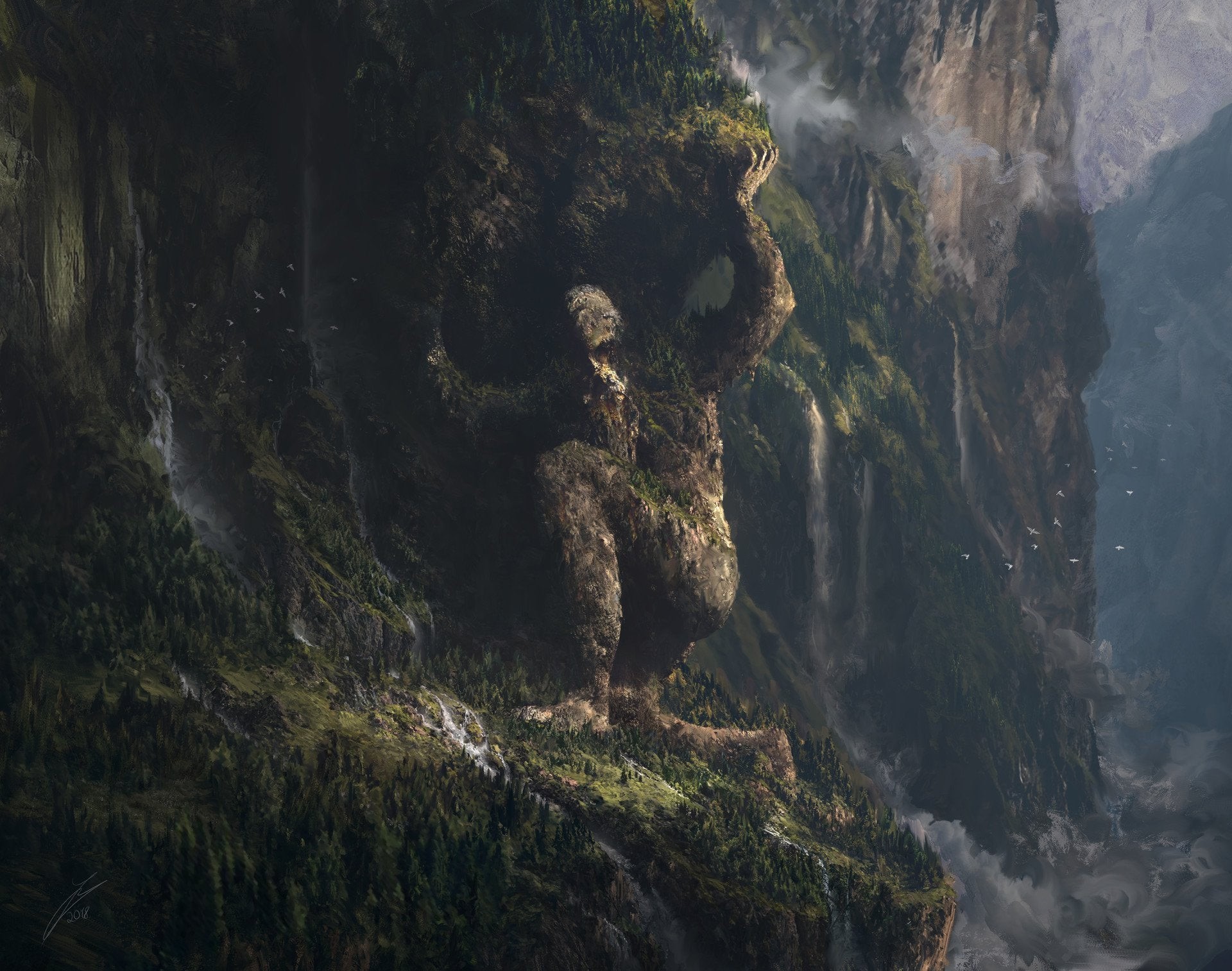 Giant moss-covered statue on a mountain cliff HD Wallpaper
