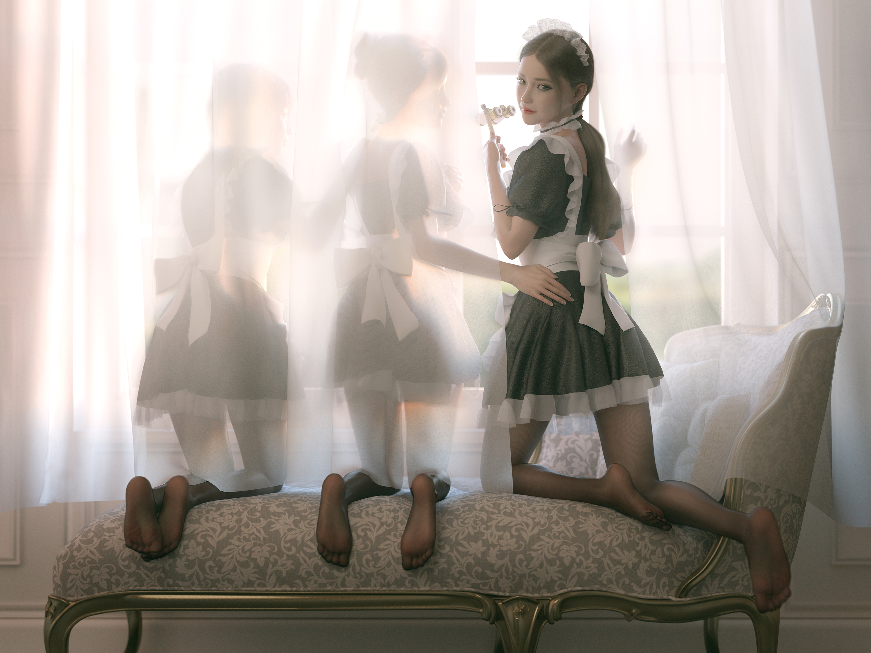 Elegant Maid in Soft Light Interior HD Wallpaper