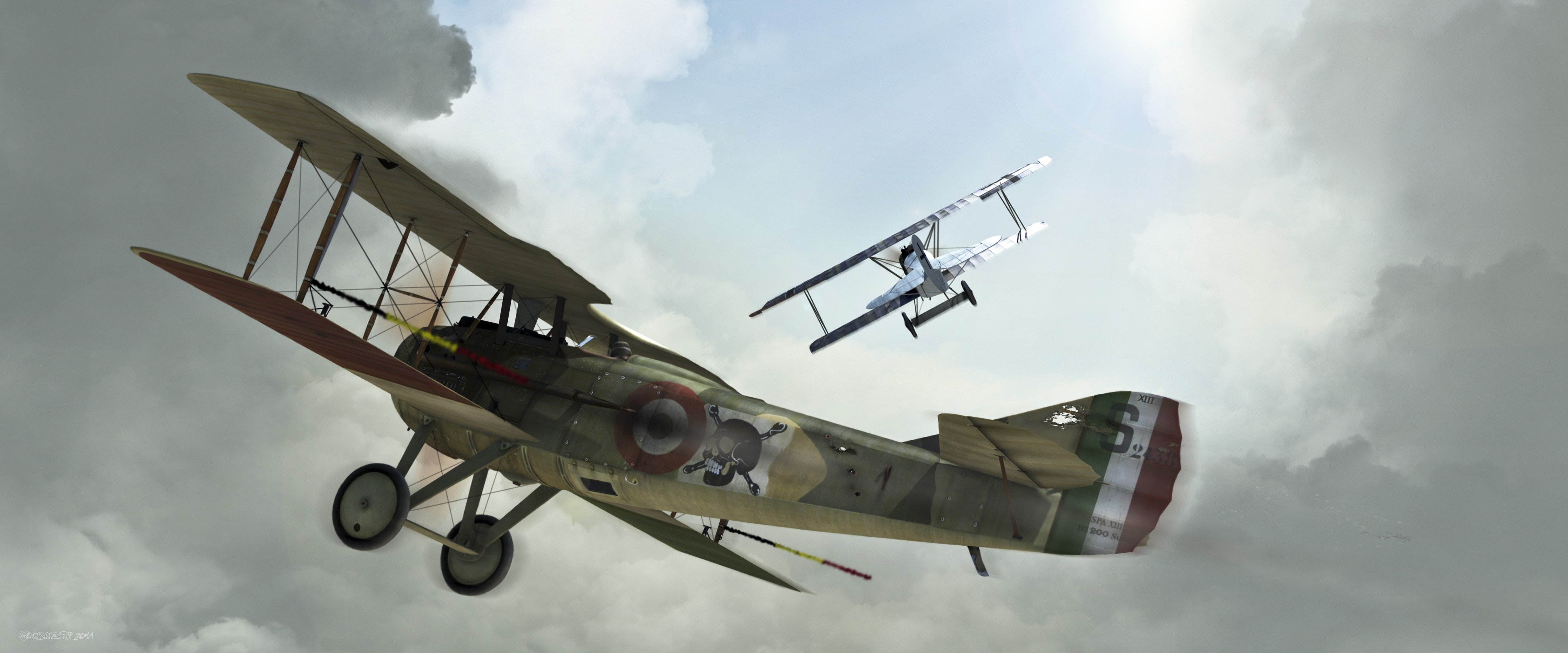 Two biplanes in the sky during a dogfight HD Wallpaper