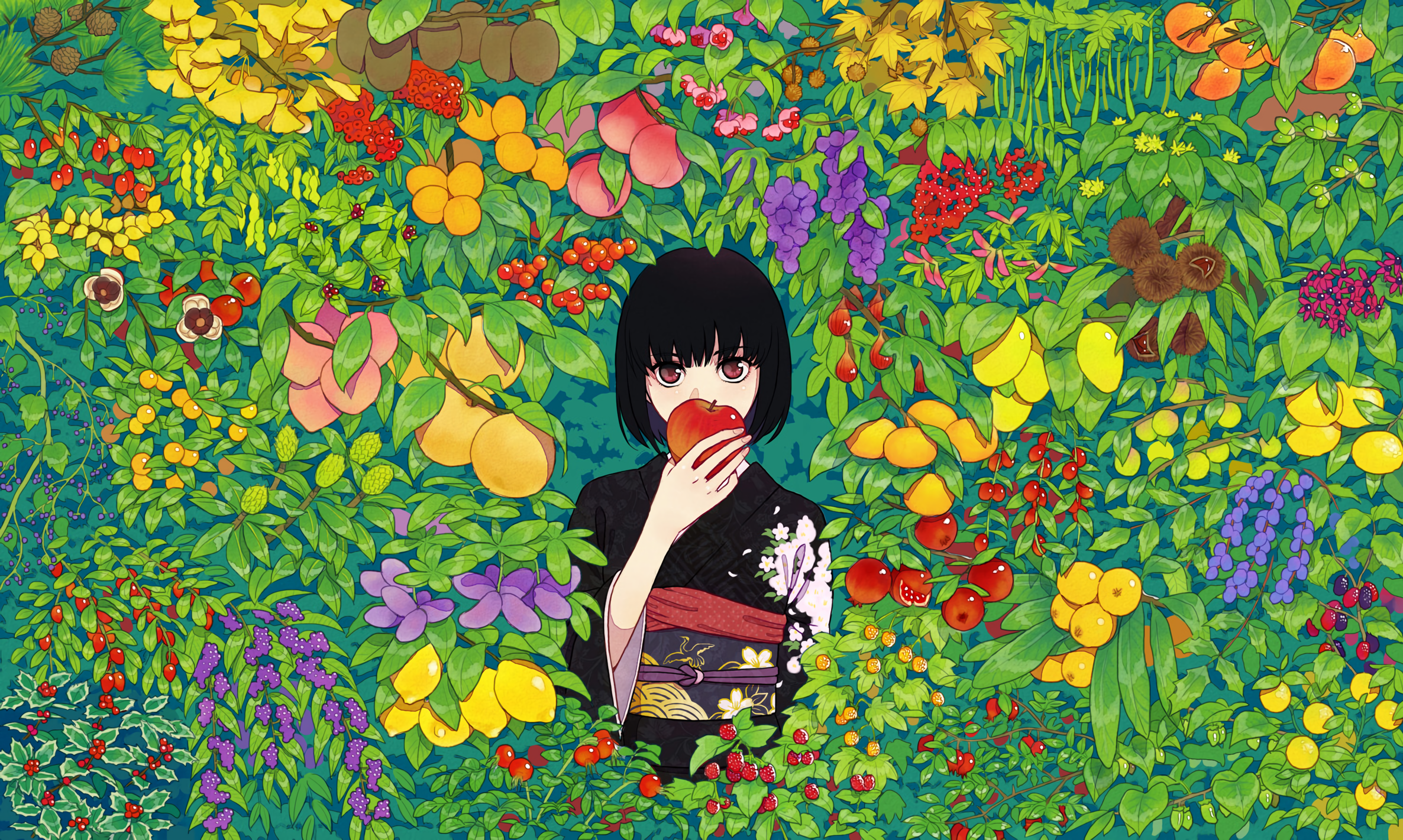 Anime girl in kimono eating an apple surrounded by fruit HD Wallpaper