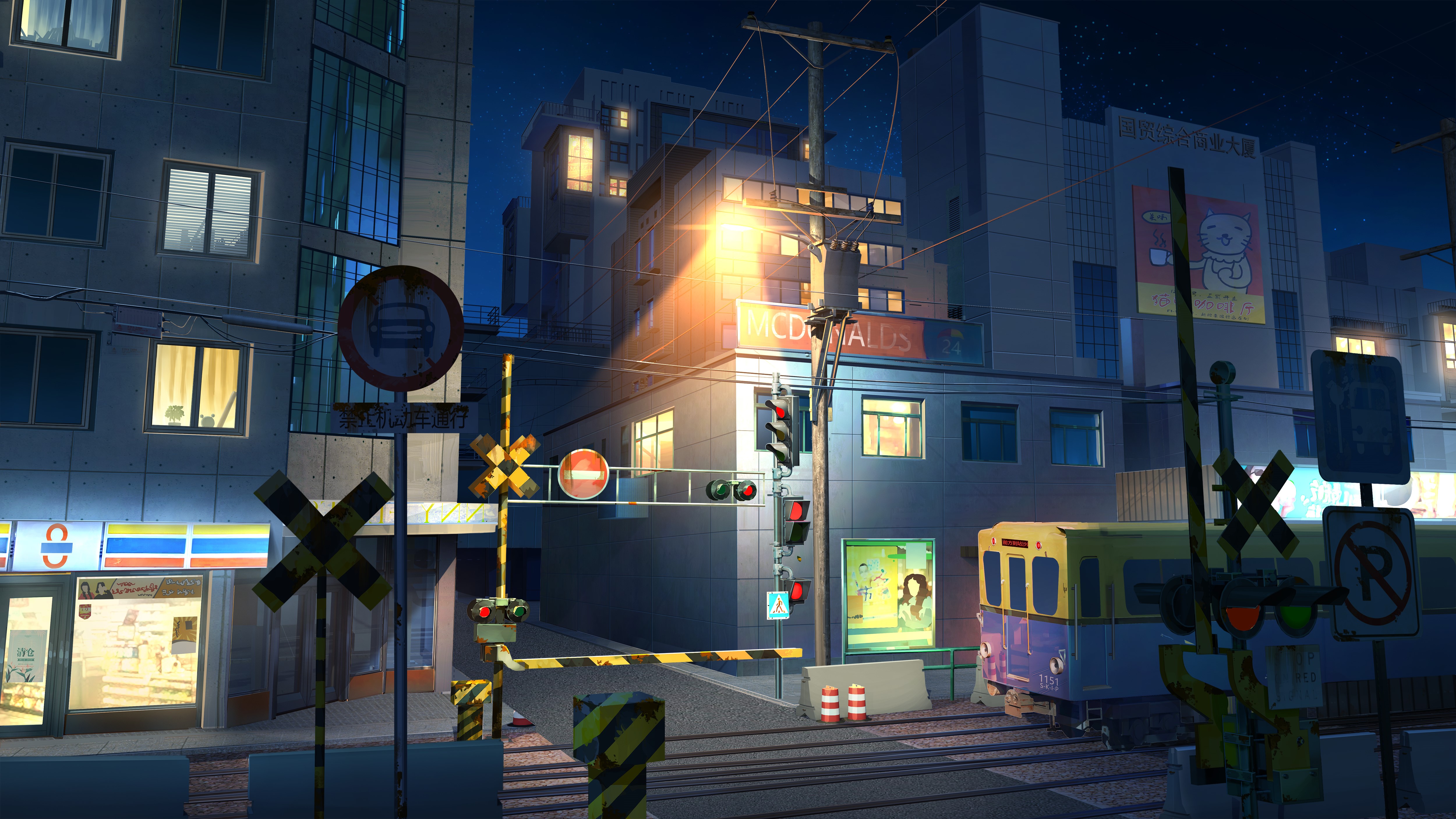 Nighttime railway crossing with McDonald's and train HD Wallpaper