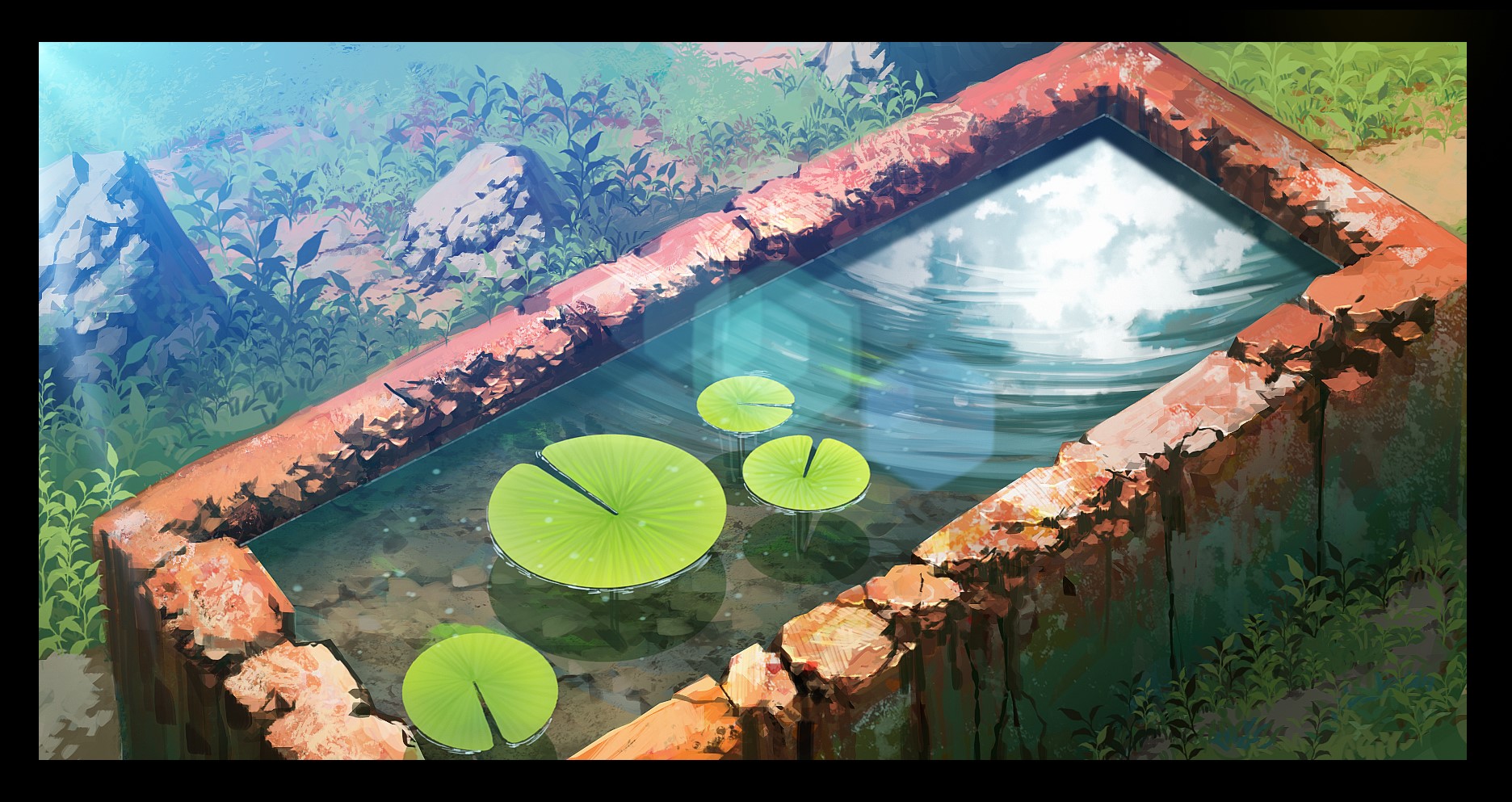 Digital art of a pond with water lilies HD Wallpaper