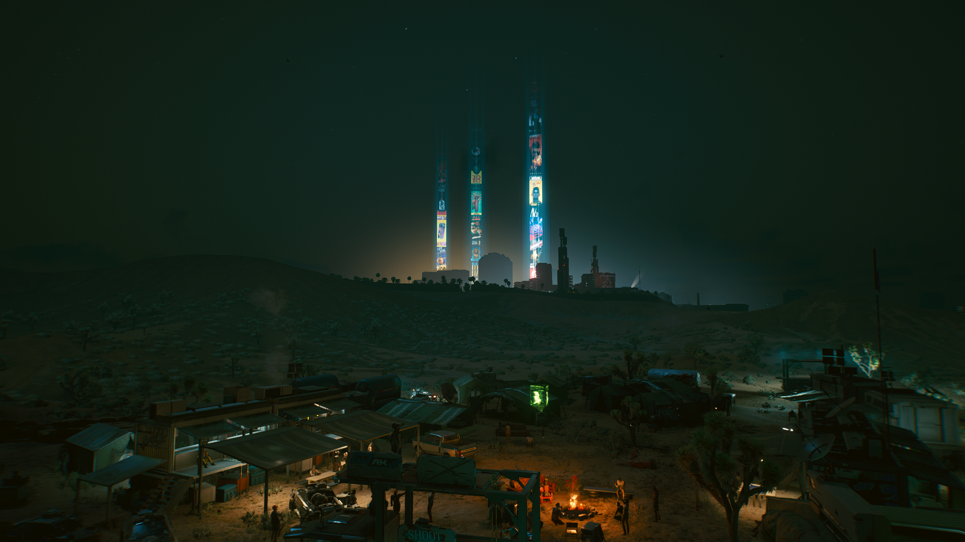 Aldecaldos camp with Night City towers in the background HD Wallpaper