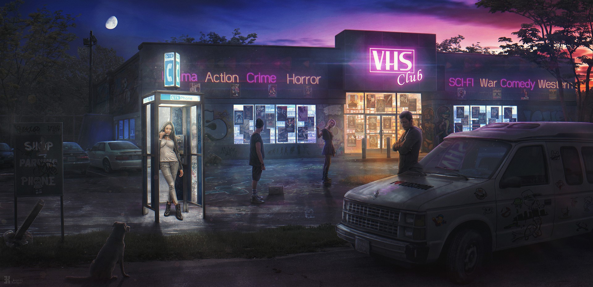 VHS Club store at night with people and a van HD Wallpaper