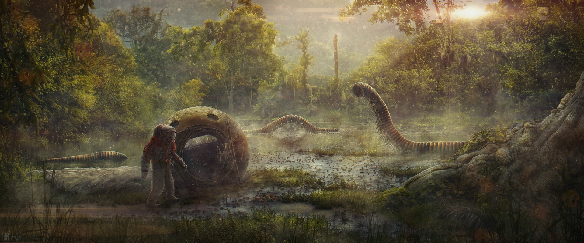 Astronaut encounters giant worm-like creatures in a swamp HD Wallpaper