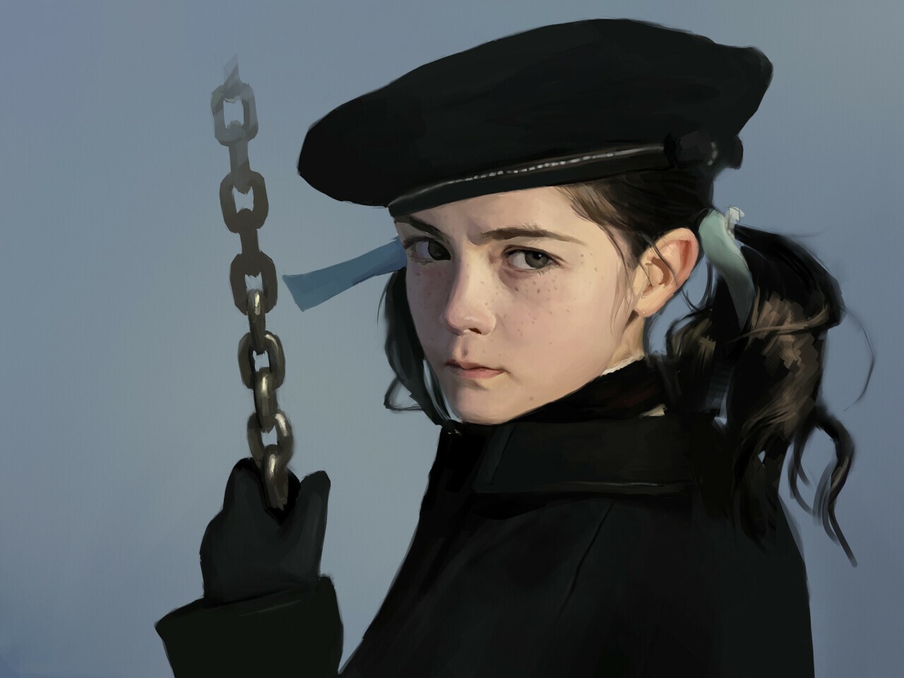 Girl in black beret holding a chain HD Wallpaper