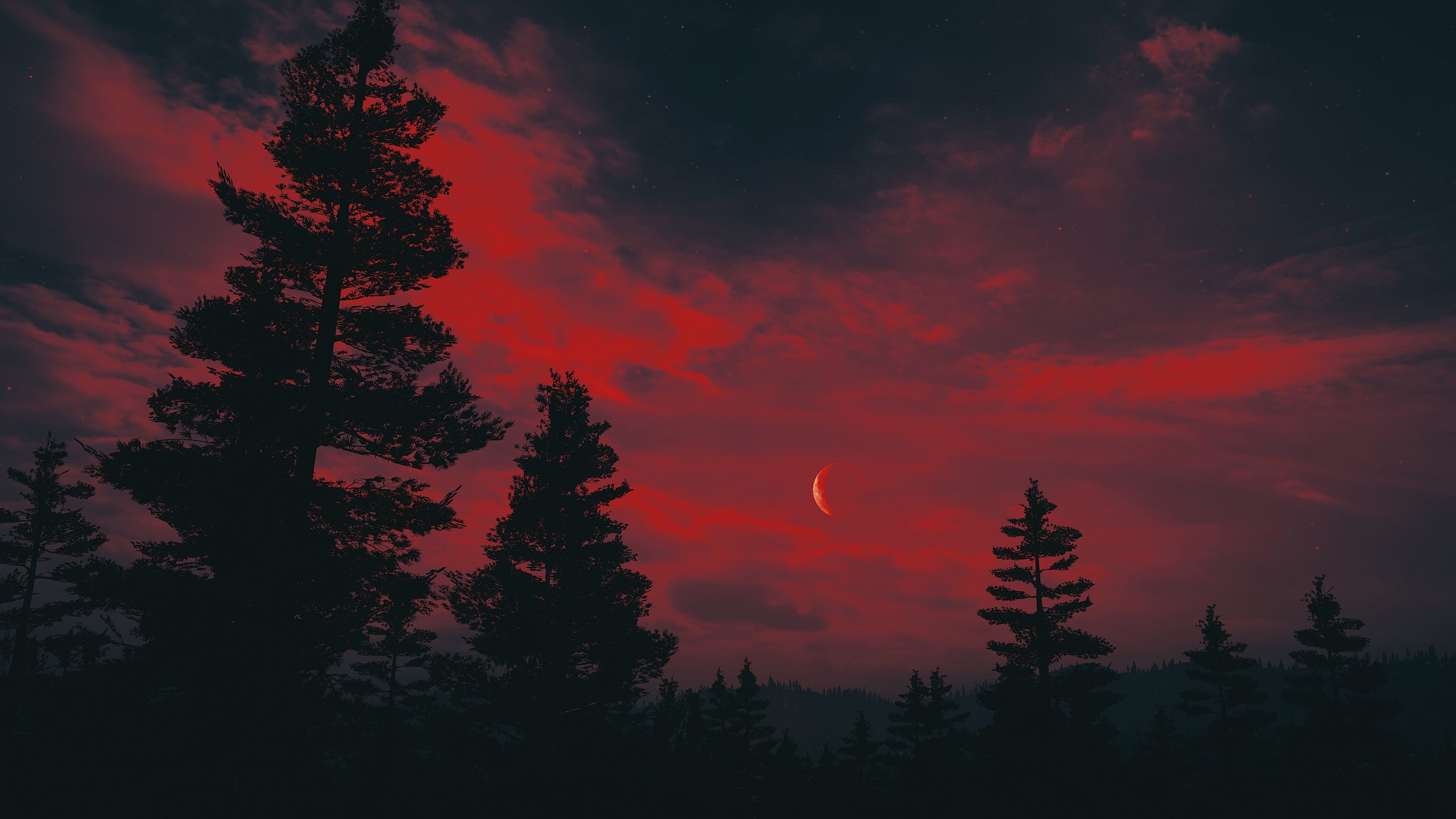 Crescent Moon Over Bloodmoon Landscape at Night HD Wallpaper