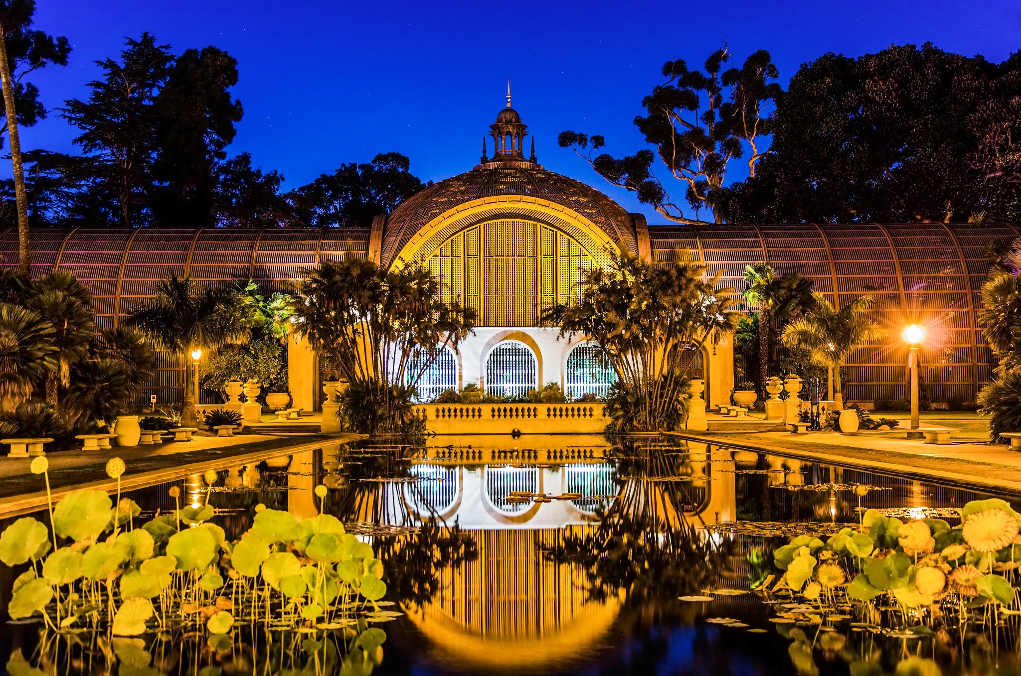 Botanical Building and Lily Pond at Night, San Diego HD Wallpaper