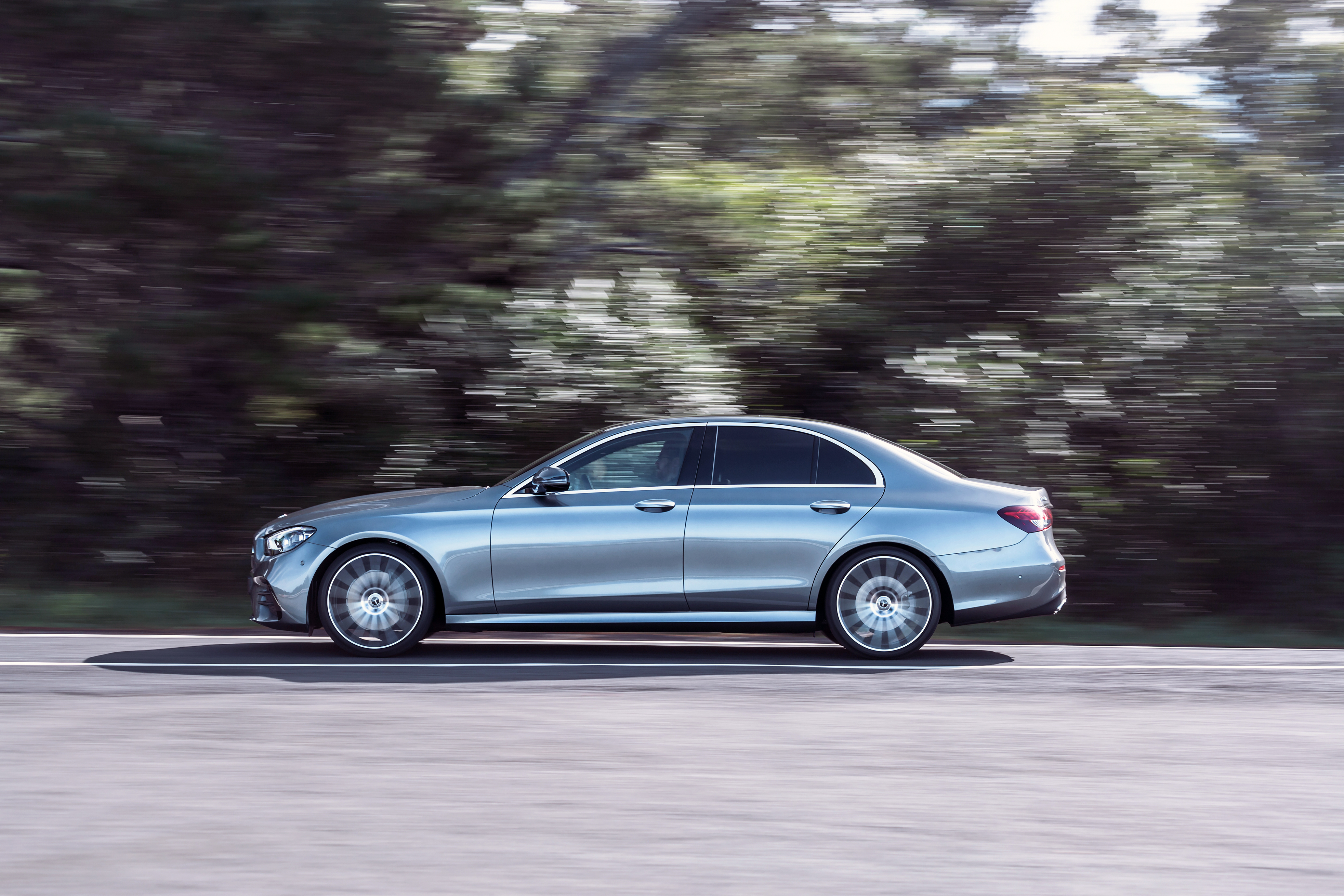 Silver Mercedes-Benz E 350 AMG Line driving HD Wallpaper