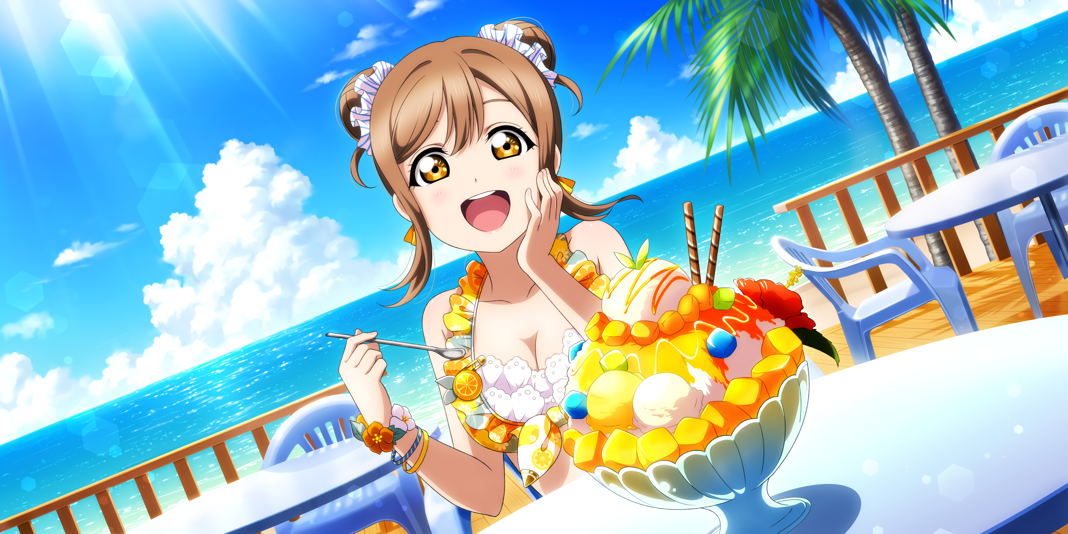 Kunikida Hanamaru from Love Live! Sunshine!! eating dessert on the beach HD Wallpaper
