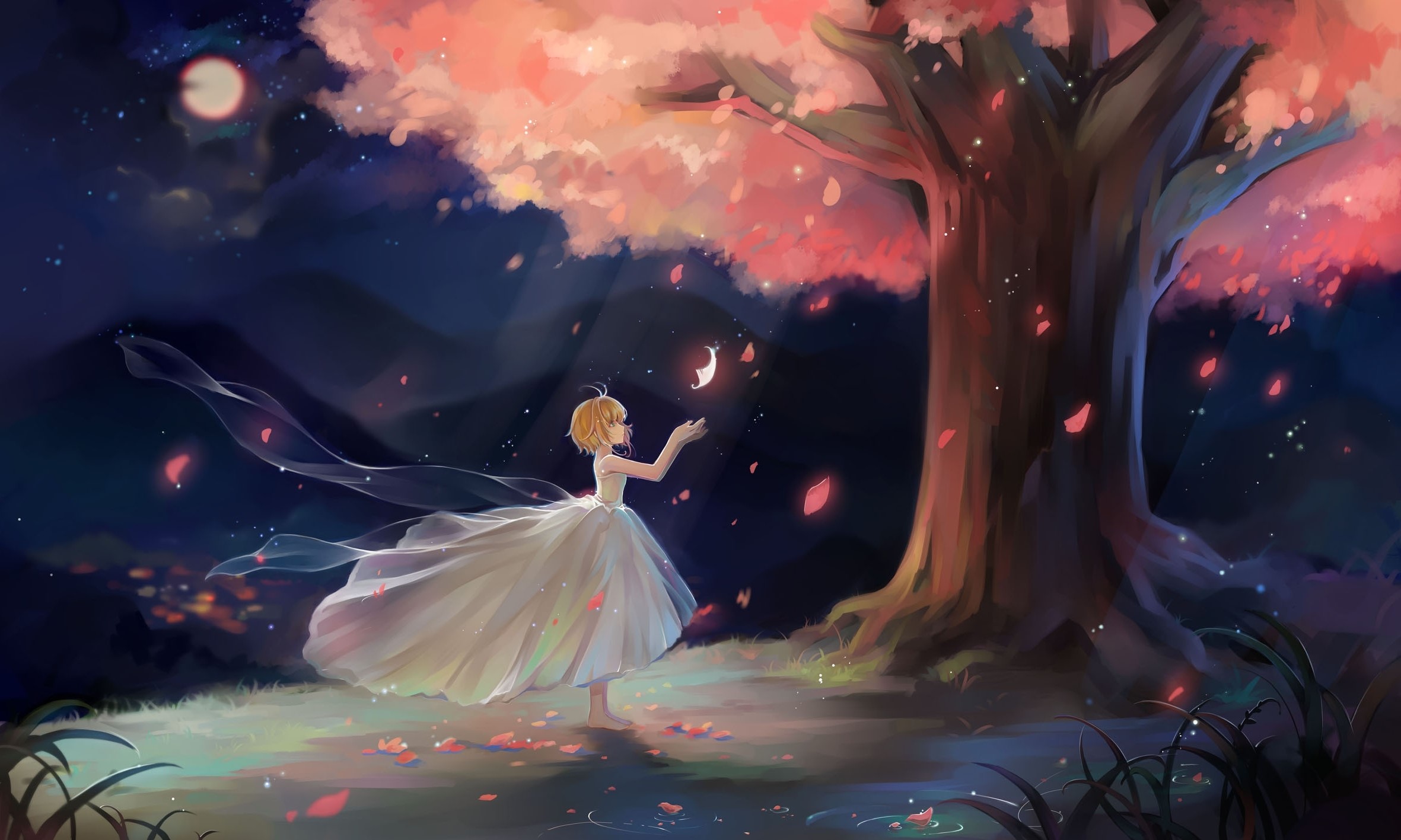 Sakura Kinomoto reaching for a moon fragment under a cherry blossom tree HD Wallpaper