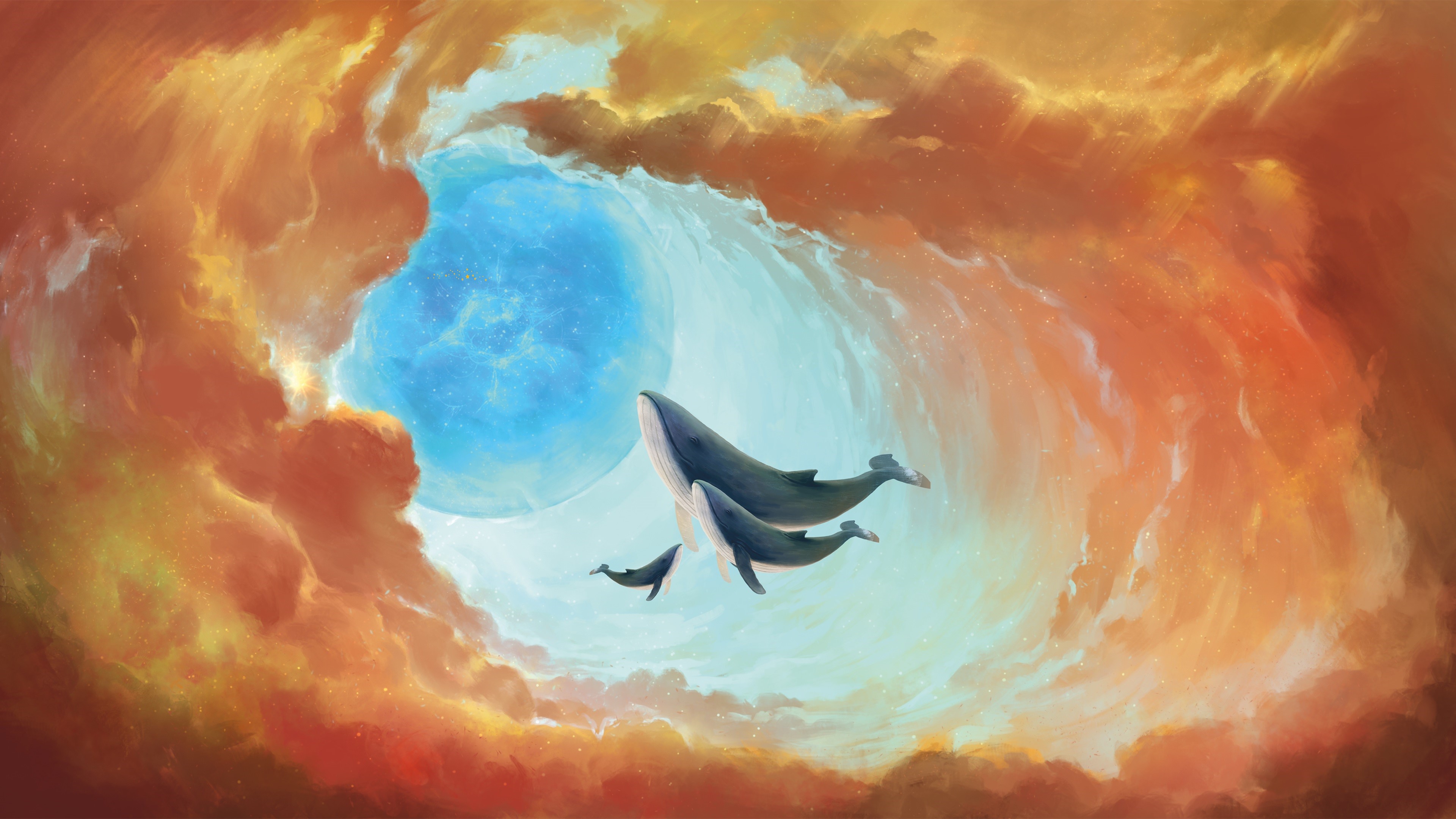 Whales swimming through a cosmic nebula HD Wallpaper