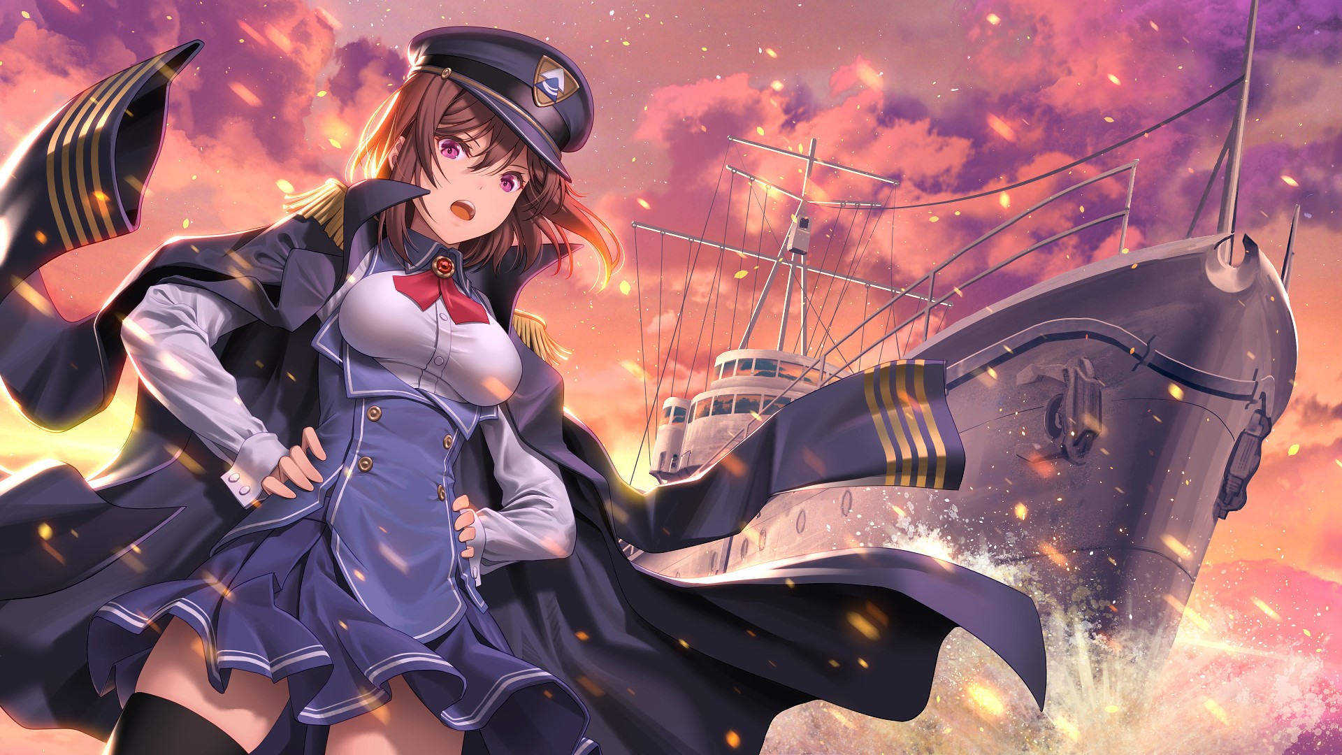 Anime girl in naval uniform on a ship HD Wallpaper