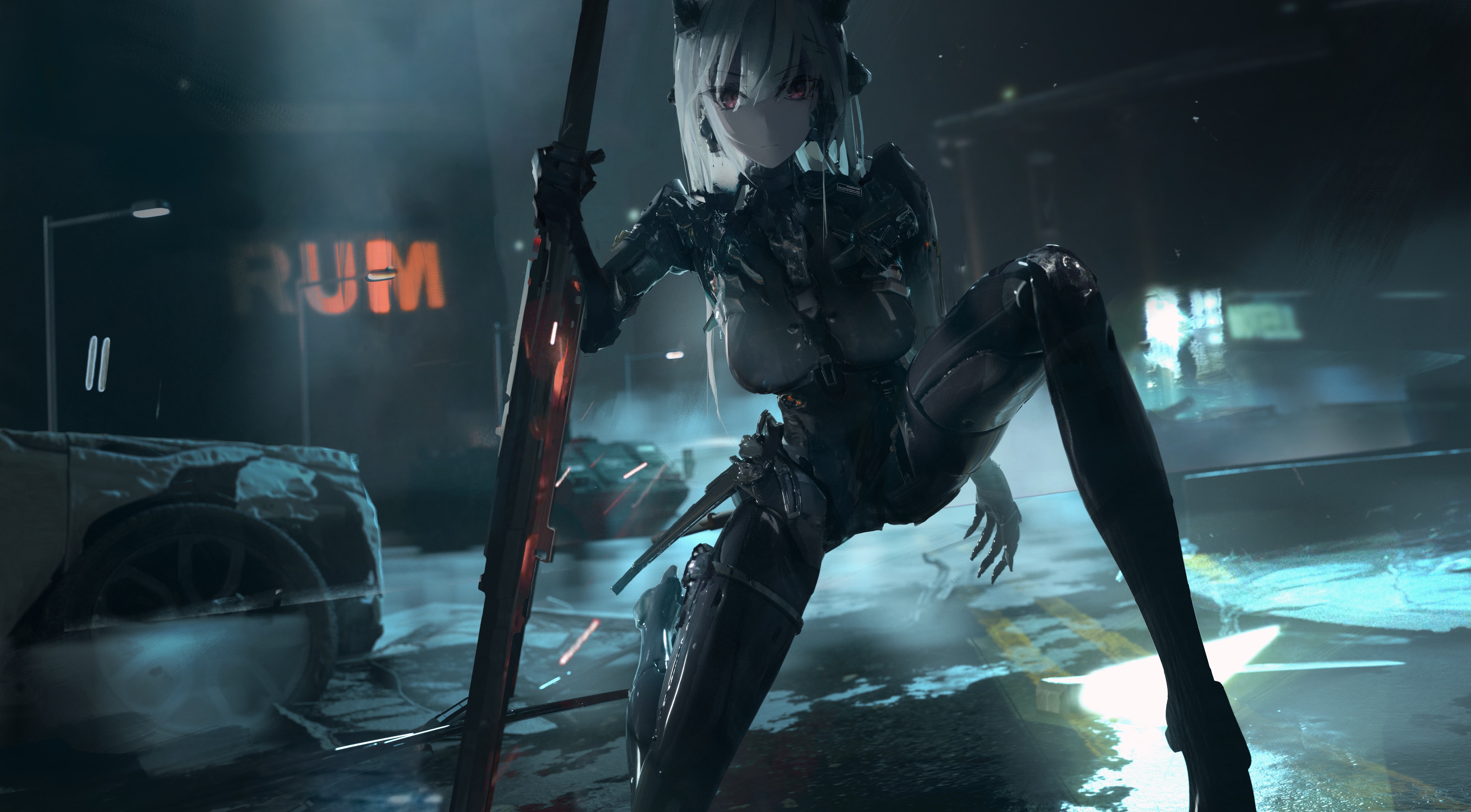 Anime girl with horns and sword in a dark city HD Wallpaper