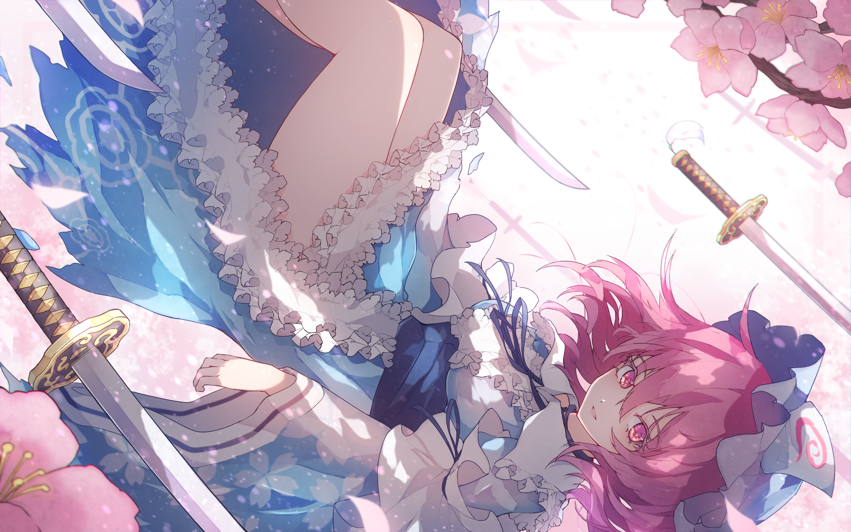 Anime girl with pink hair and swords HD Wallpaper