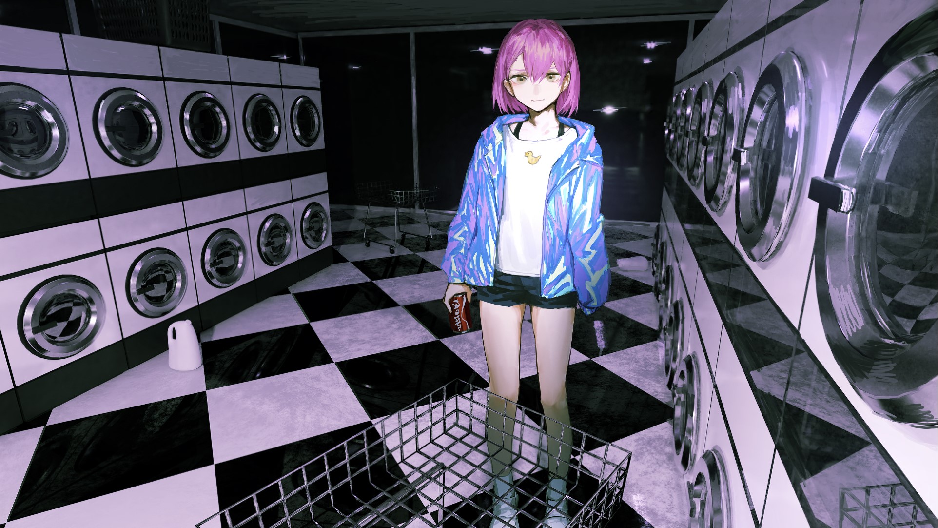 Anime girl with pink hair in a laundry room HD Wallpaper