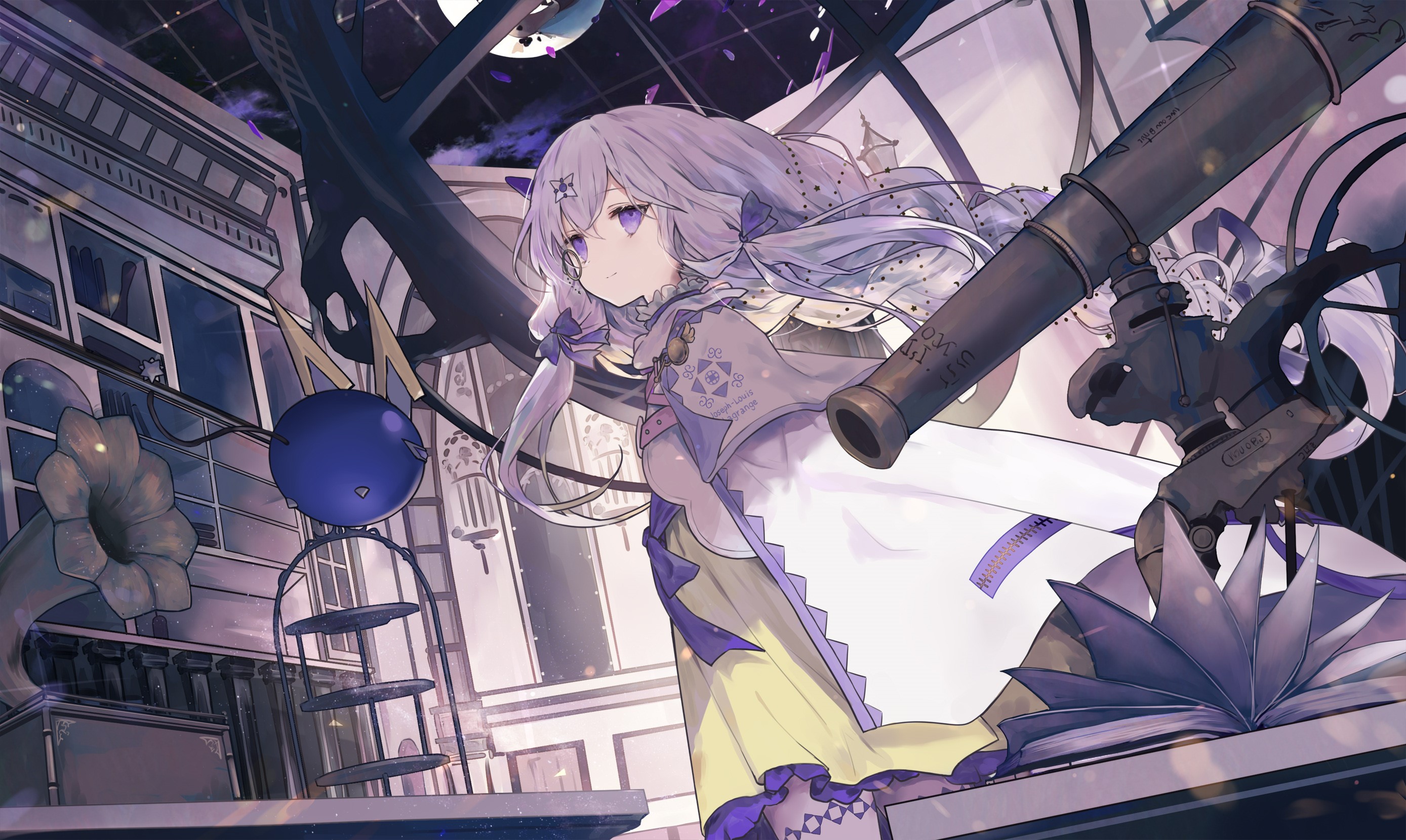 Anime girl with purple hair and eyes in observatory HD Wallpaper