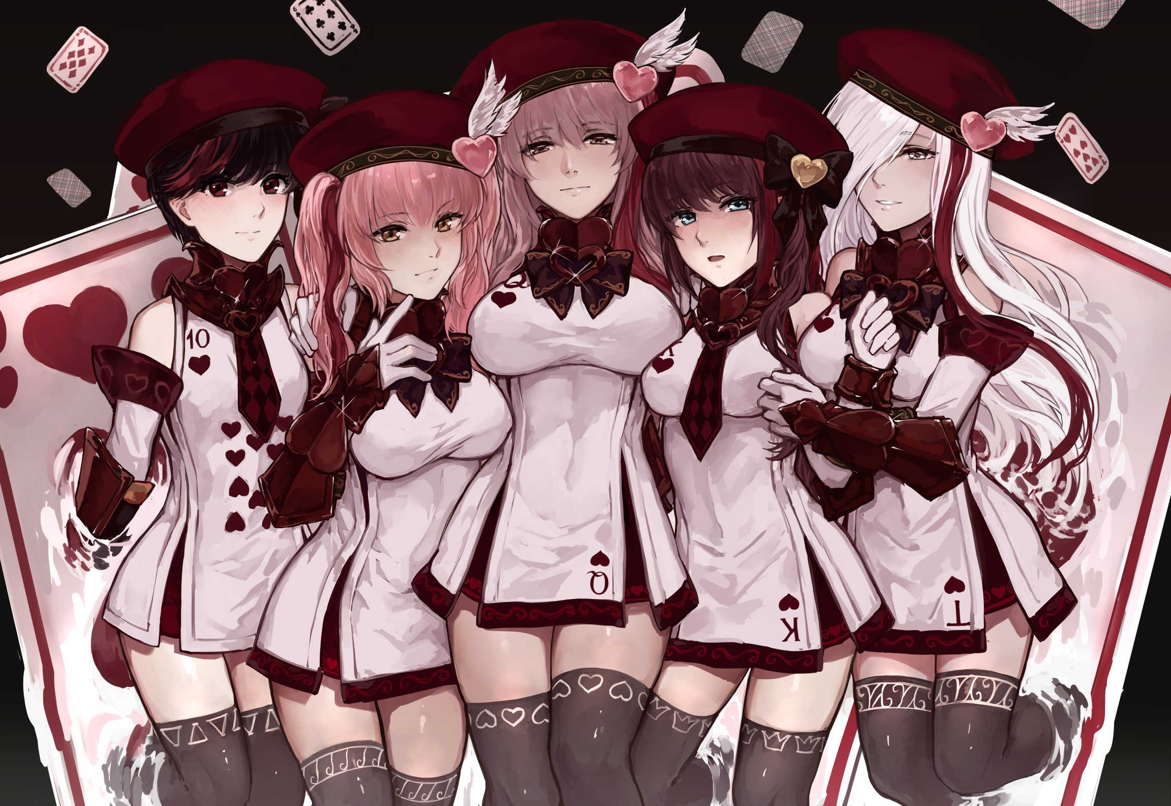 Five anime girls in card-themed outfits HD Wallpaper