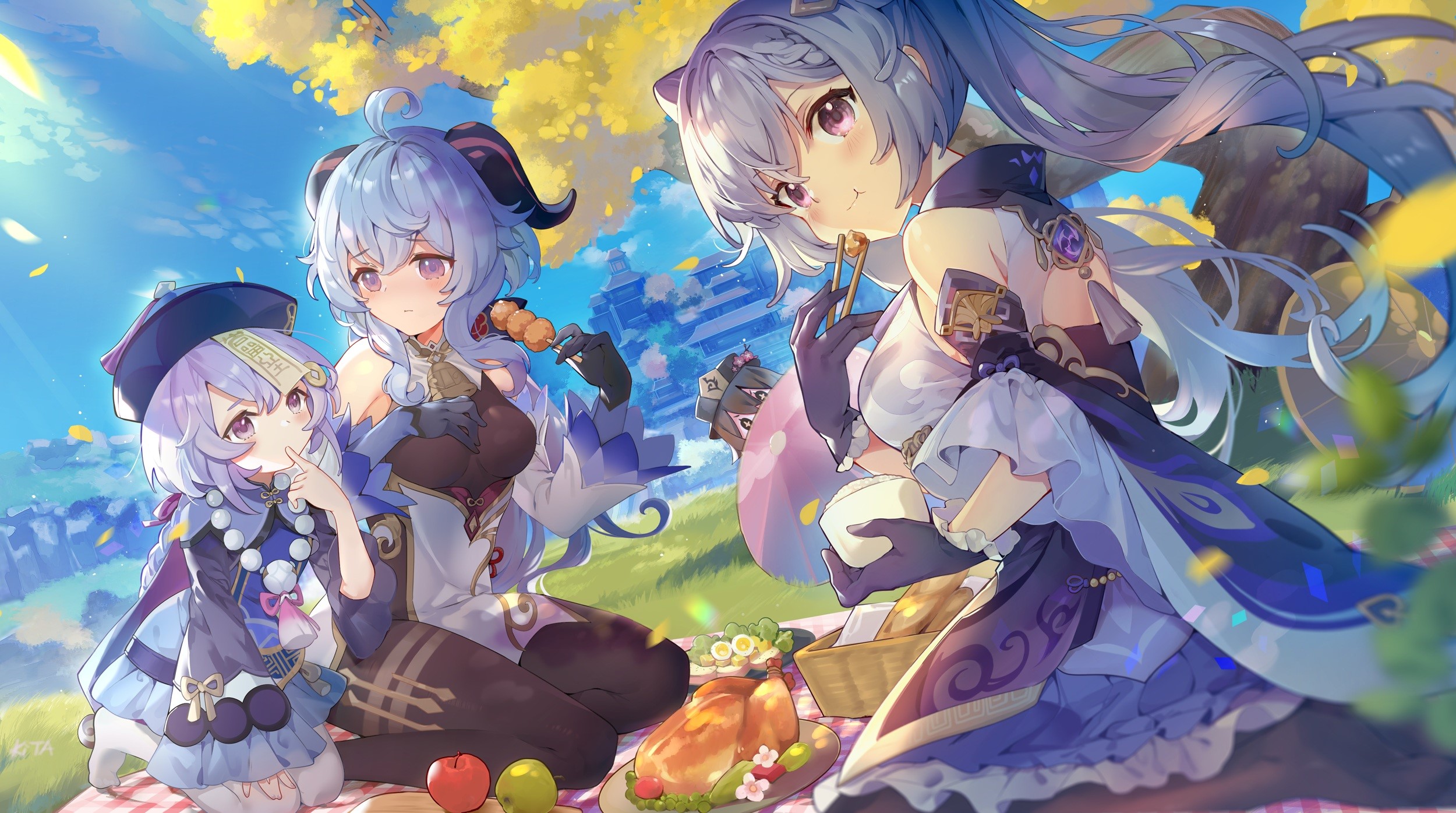 Ganyu, Keqing, and Qiqi from Genshin Impact having a picnic HD Wallpaper