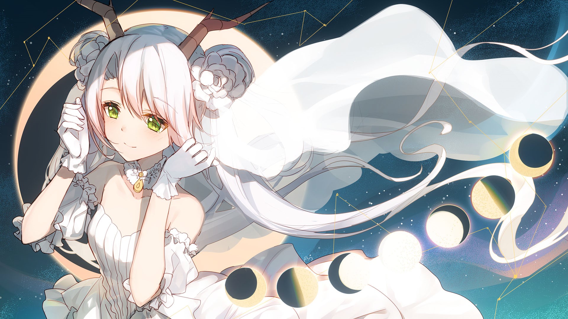 Anime girl with horns and white dress in space HD Wallpaper
