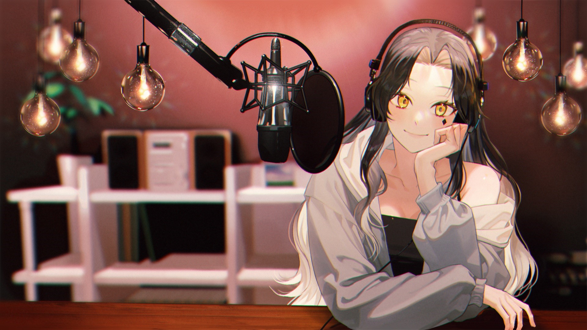 Anime girl with headphones and microphone HD Wallpaper
