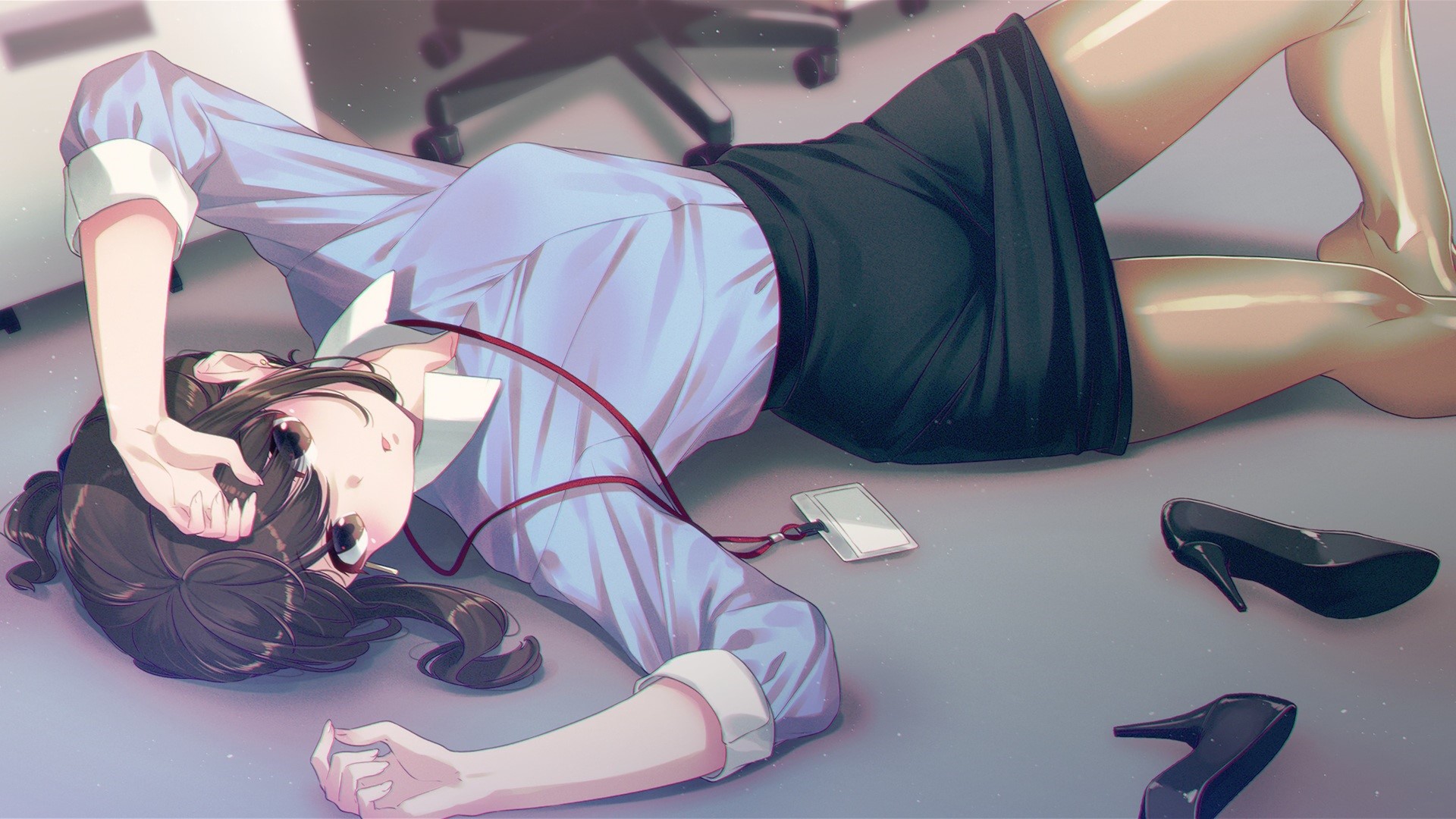 Anime girl lying on the floor in an office HD Wallpaper