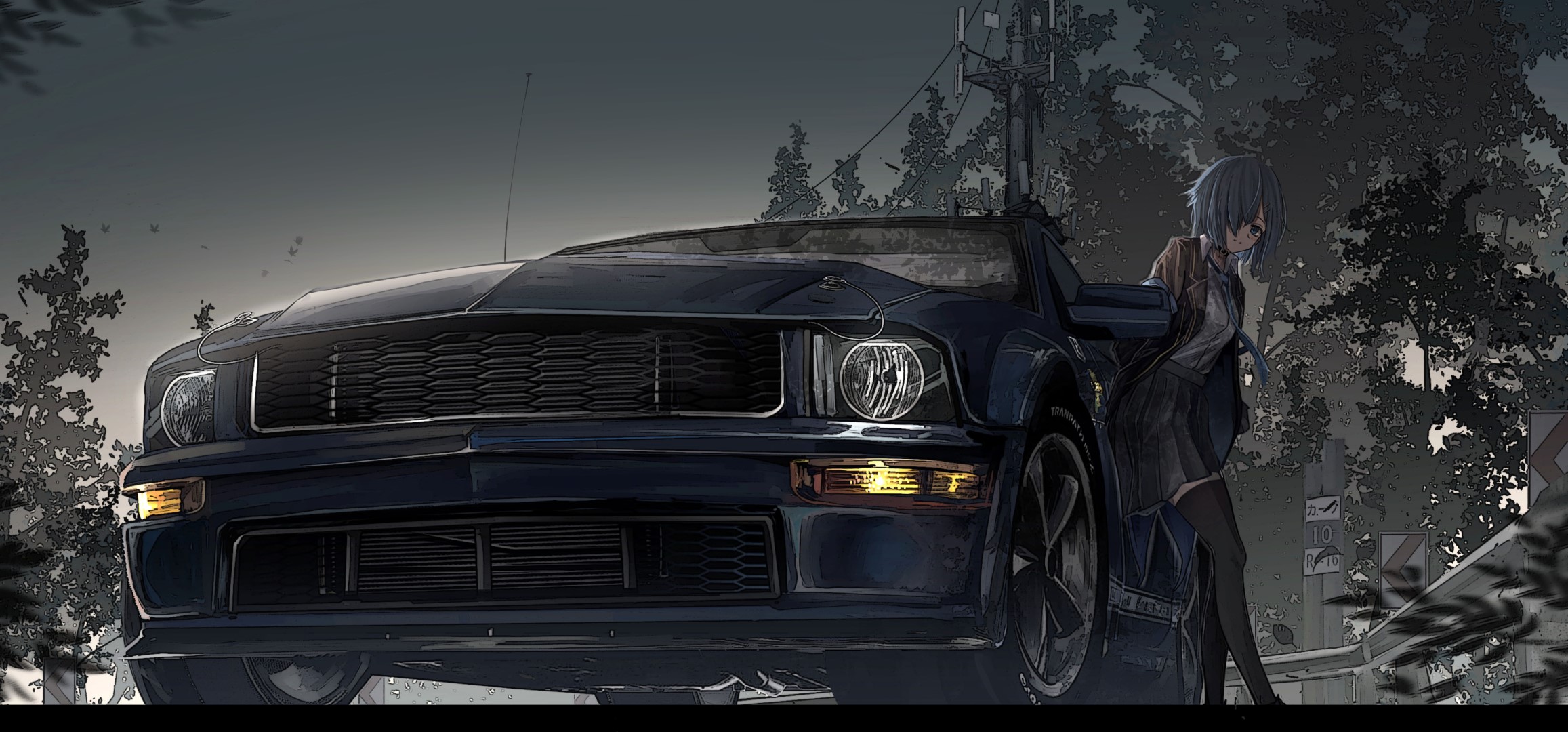 Anime girl leaning on a dark blue car HD Wallpaper