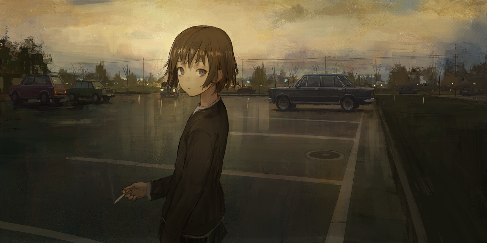 Anime girl smoking in a parking lot HD Wallpaper