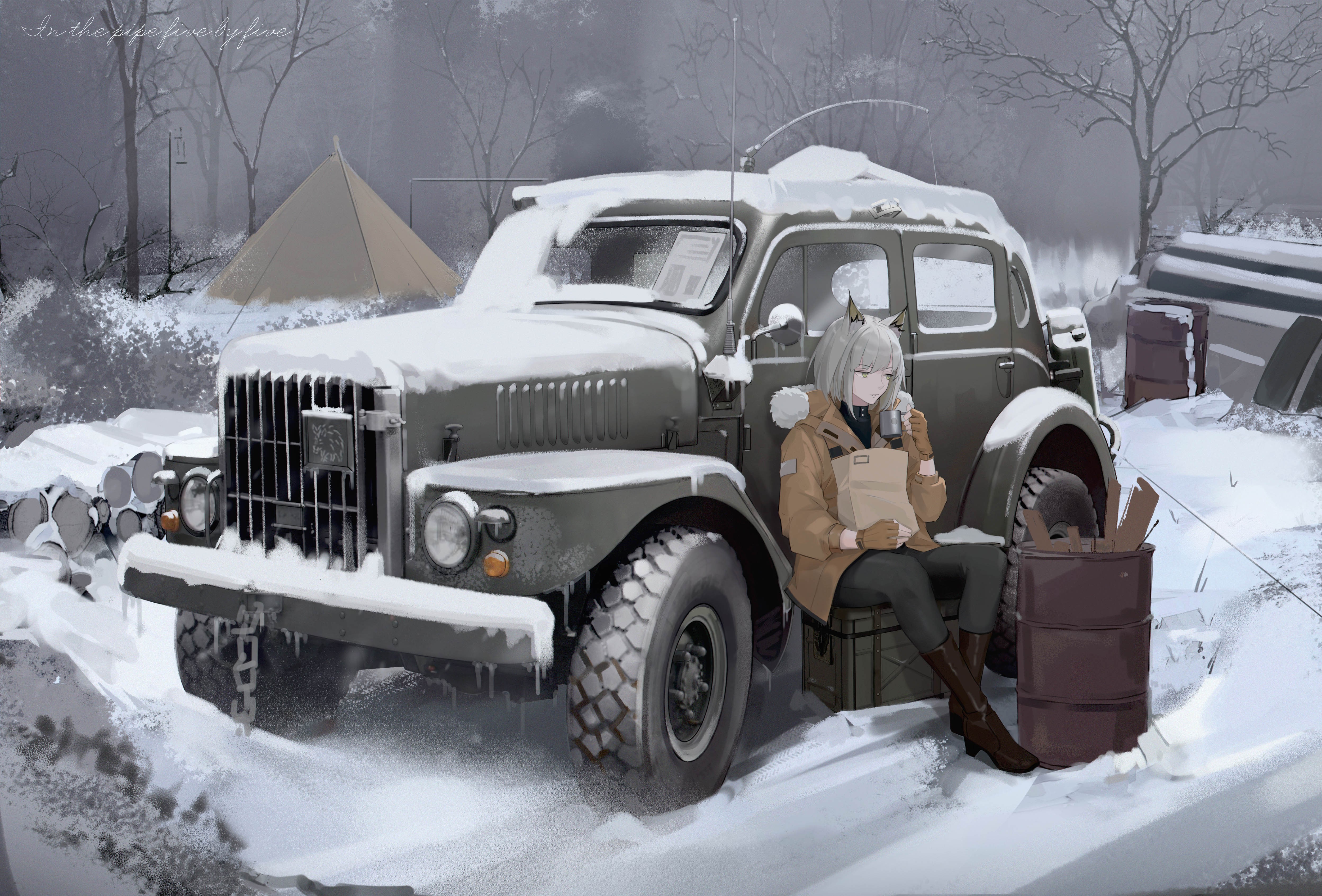 Anime girl with car in snowy forest HD Wallpaper