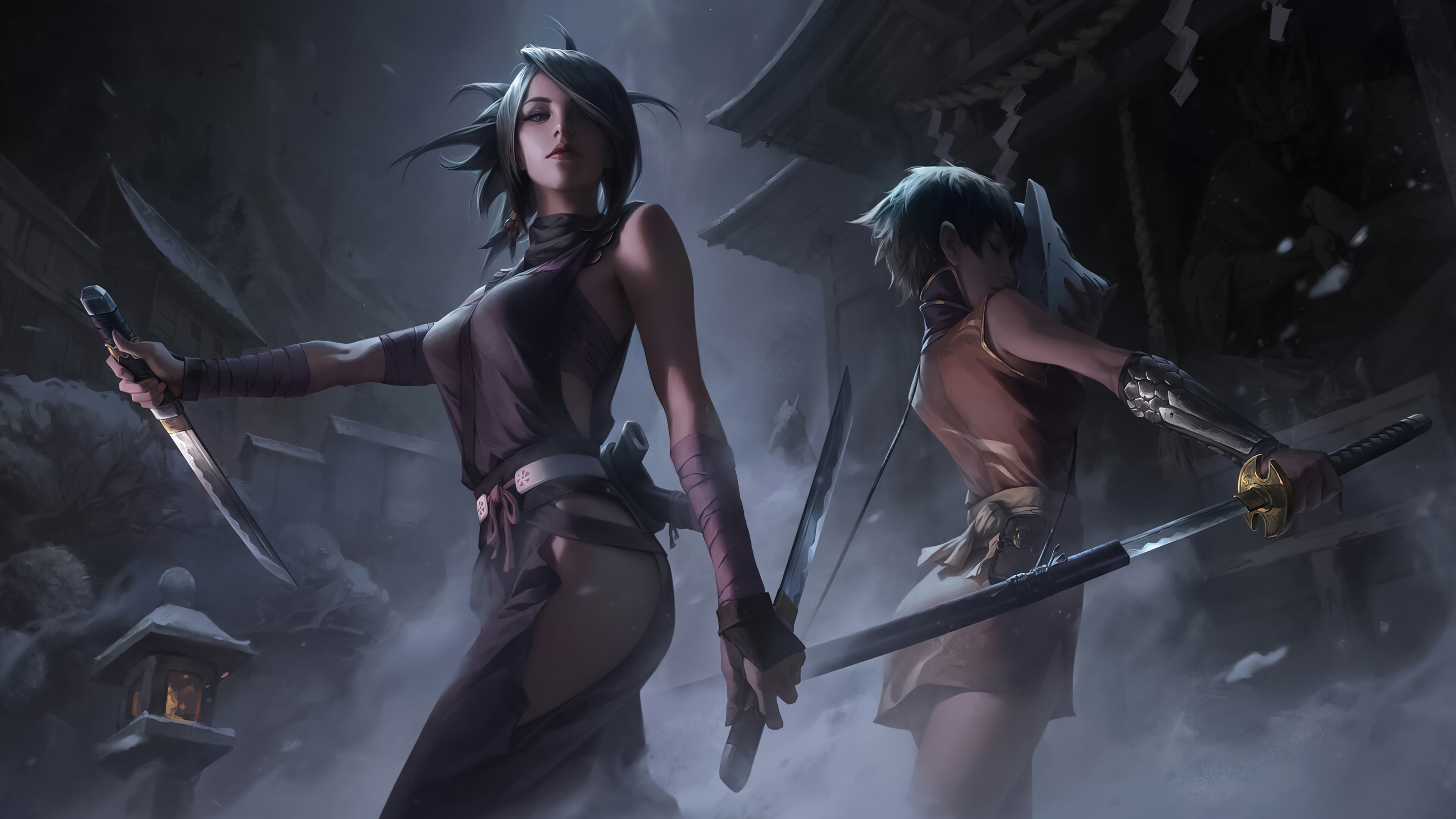 Two female assassins with swords in a Japanese village HD Wallpaper