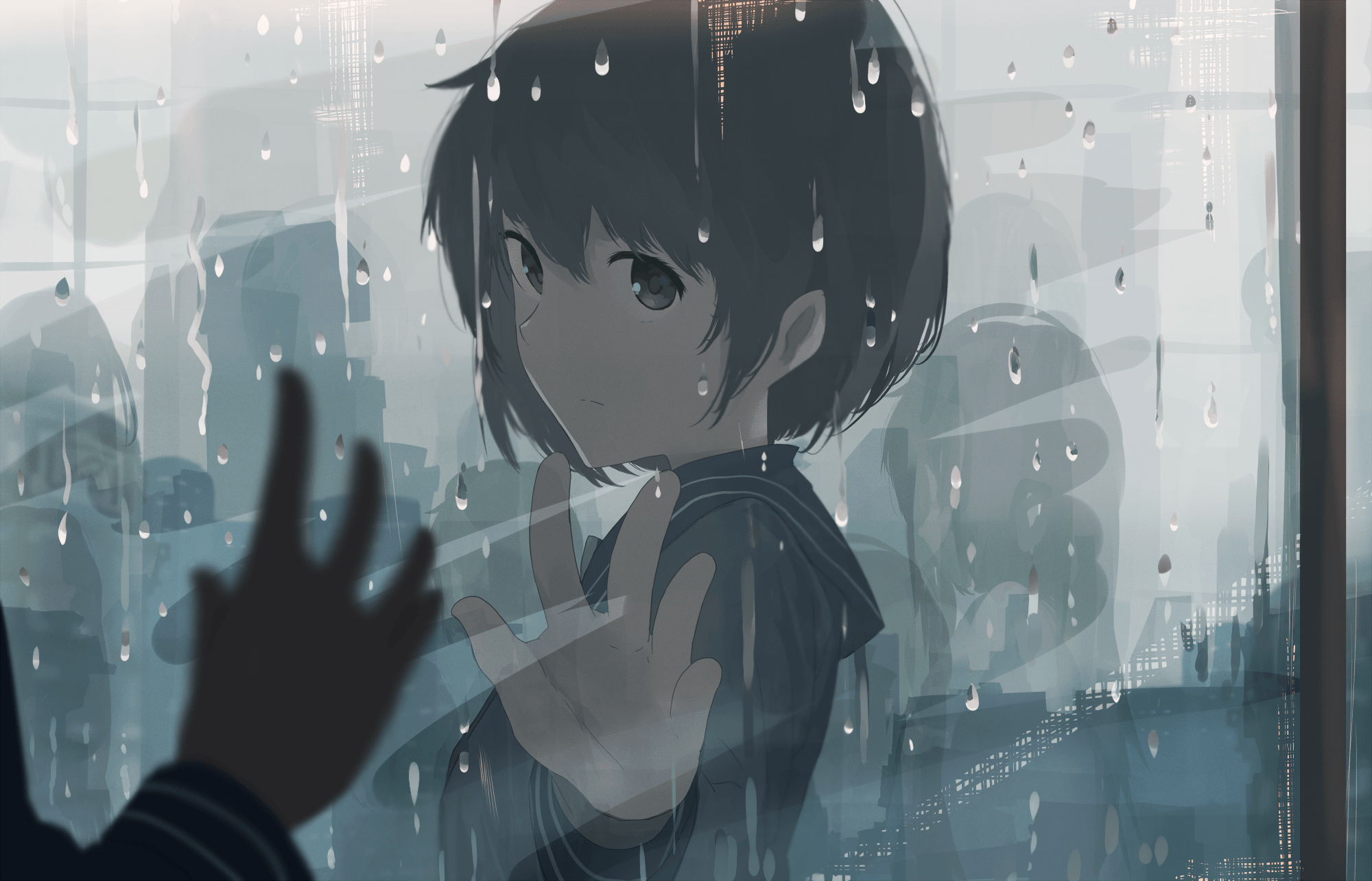 Anime girl looking through a rainy window HD Wallpaper
