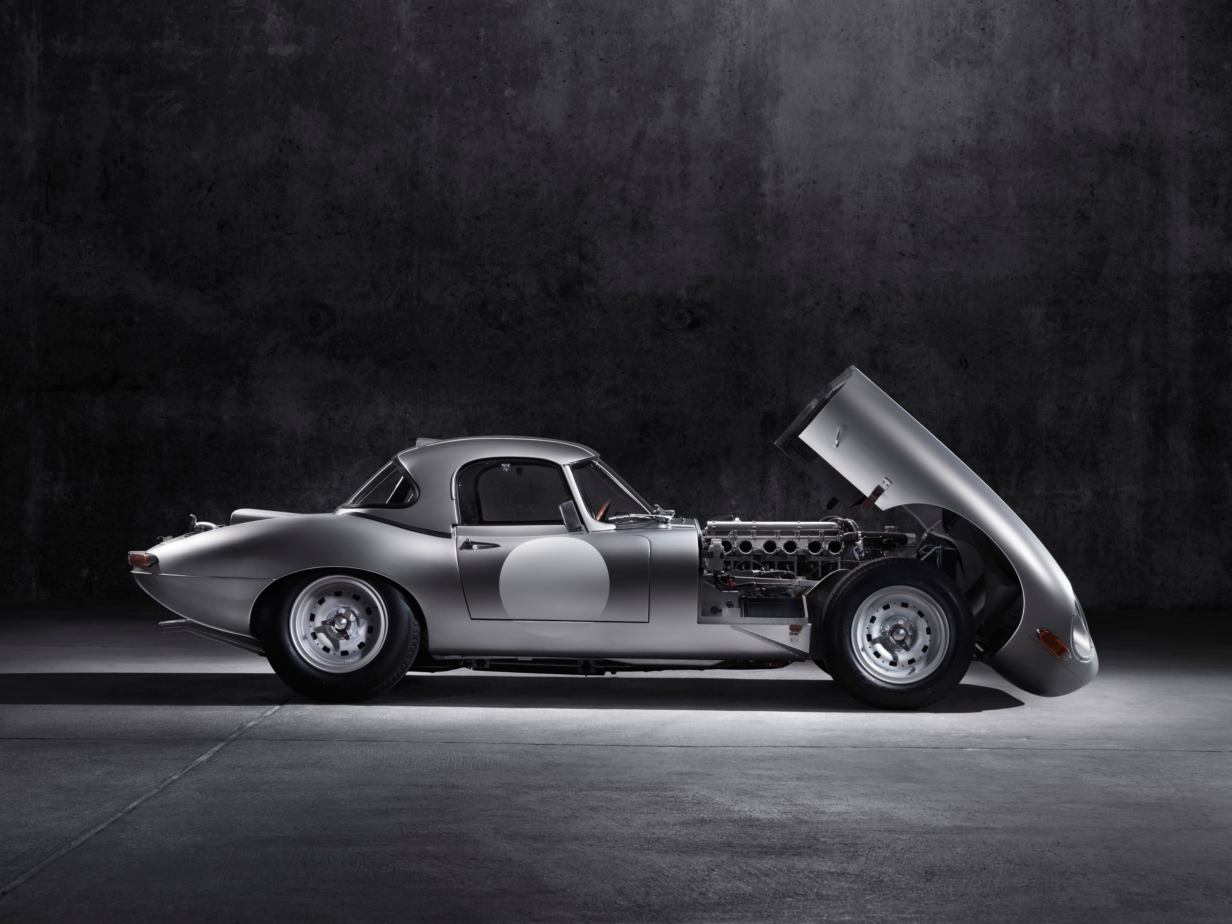 Silver Jaguar E-Type with Open Hood HD Wallpaper